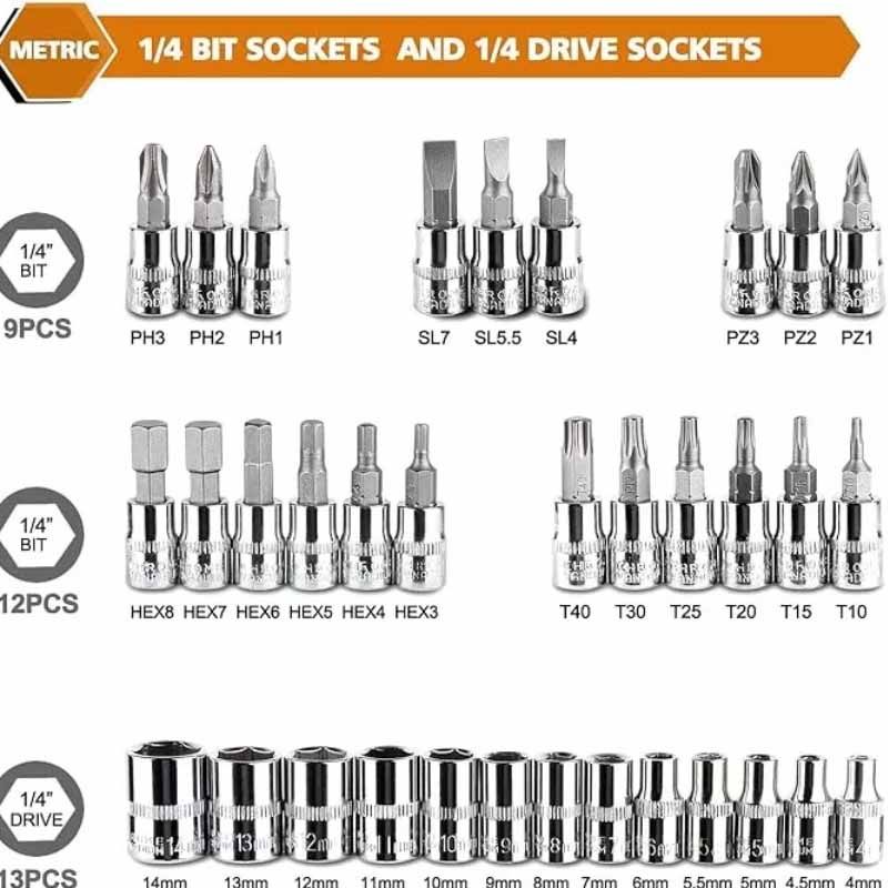 46 Pieces 1/4 inch Drive Socket Ratchet Wrench Set, with Bit Socket Set Metric and Extension Bar for Auto Repairing and Household, with Storage Case