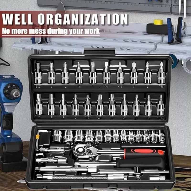 46 Pieces 1/4 inch Drive Socket Ratchet Wrench Set, with Bit Socket Set Metric and Extension Bar for Auto Repairing and Household, with Storage Case