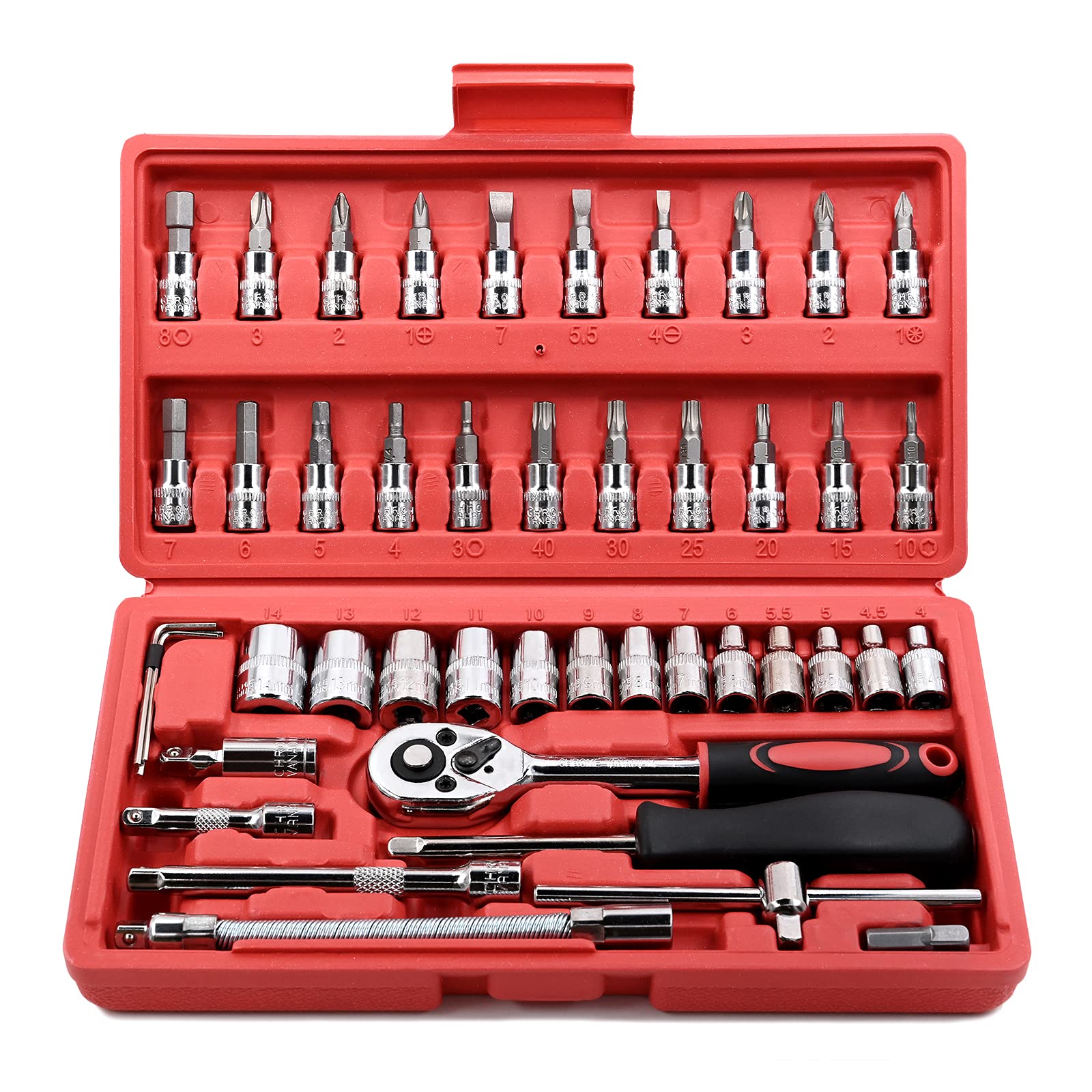 46 Pieces 1/4 inch Drive Socket Ratchet Wrench Set, with Bit Socket Set Metric and Extension Bar for Auto Repairing and Household, with Storage Case