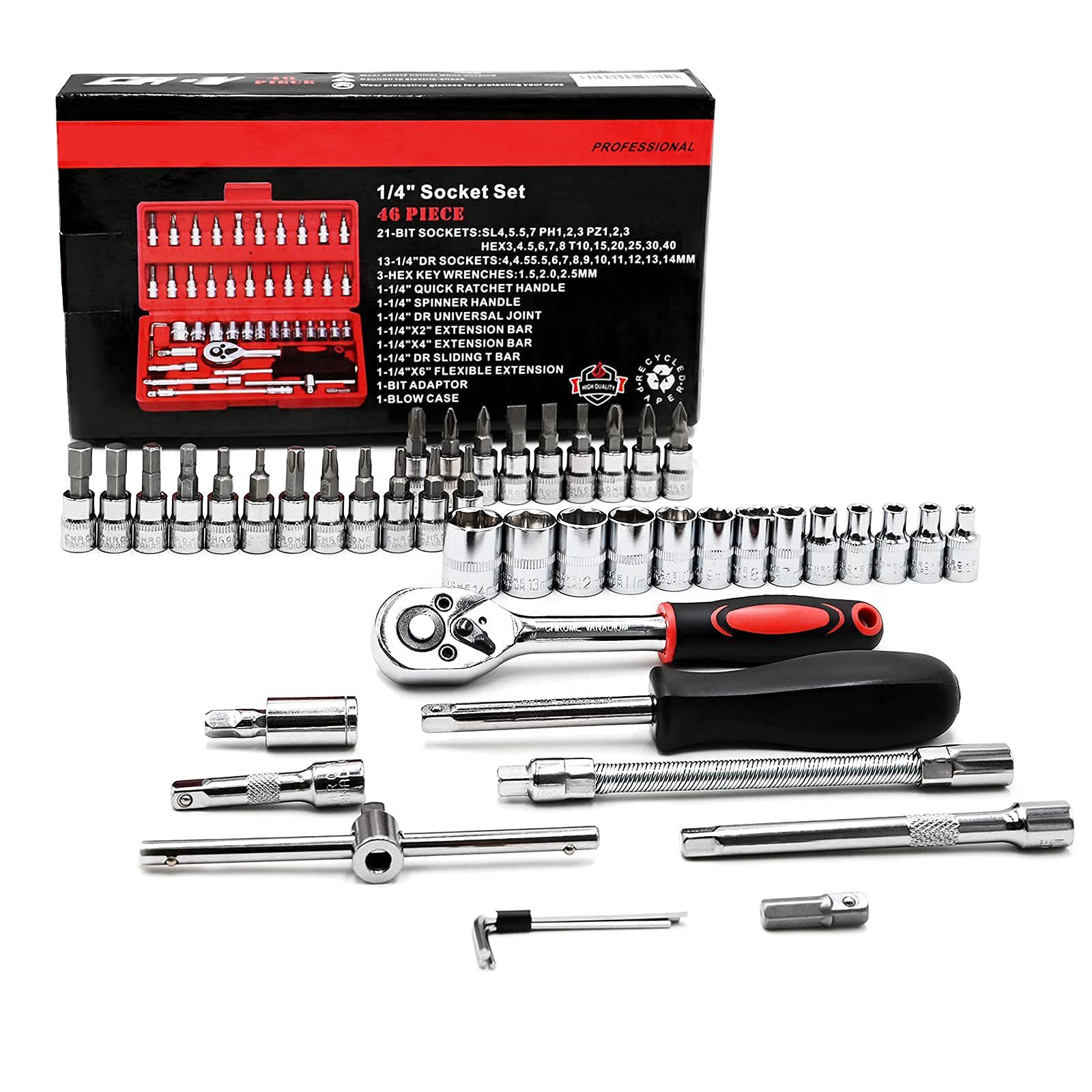 46 Pieces 1/4 inch Drive Socket Ratchet Wrench Set, with Bit Socket Set Metric and Extension Bar for Auto Repairing and Household, with Storage Case