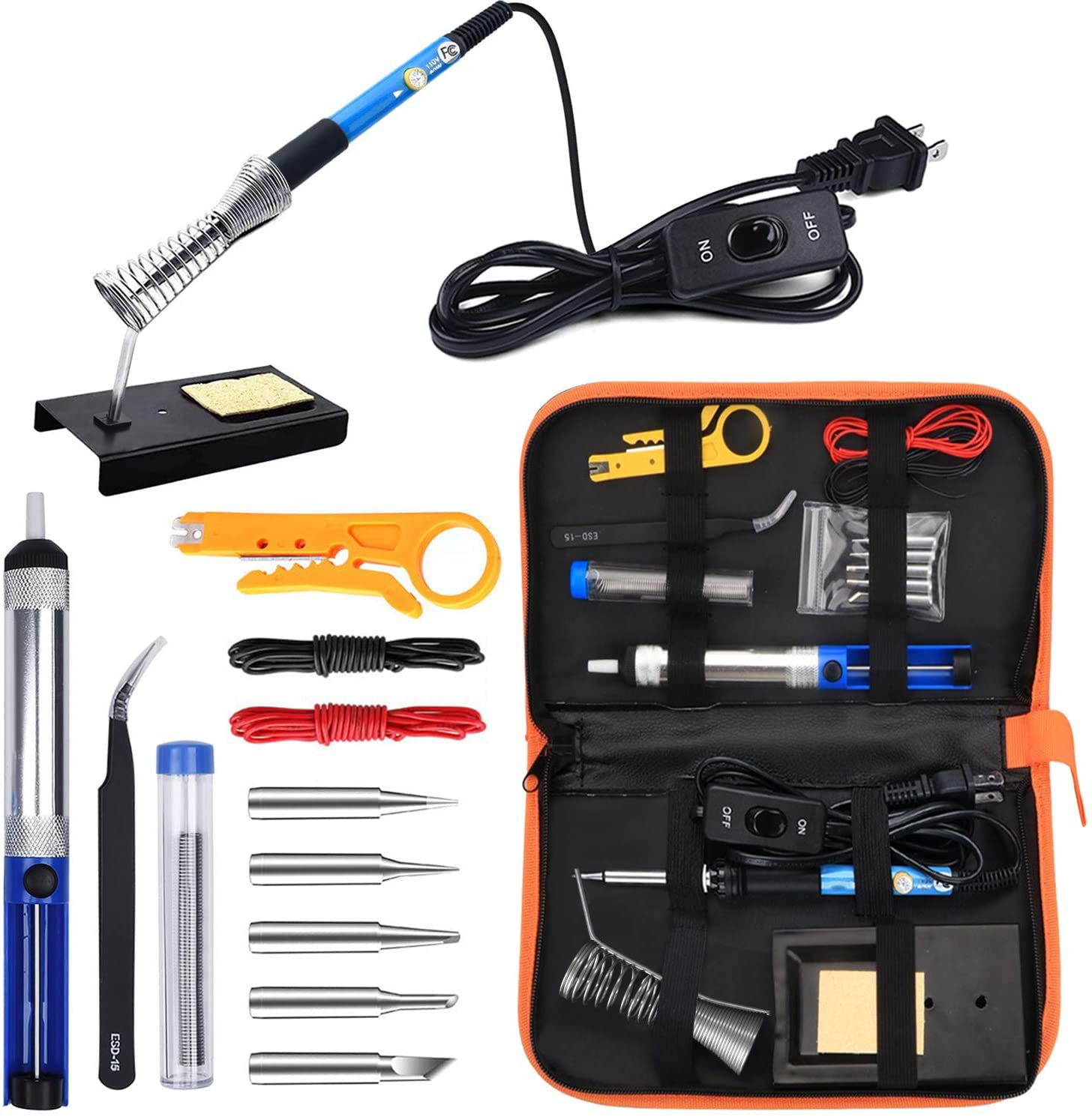 60W Soldering Iron Kit /w Adjustable Temperature Welding, 5 Soldering Iron Tips, Solder Wire, Stand, Desoldering Pump, Soldering Welding Iron Kit for Electronics Hobby DIY