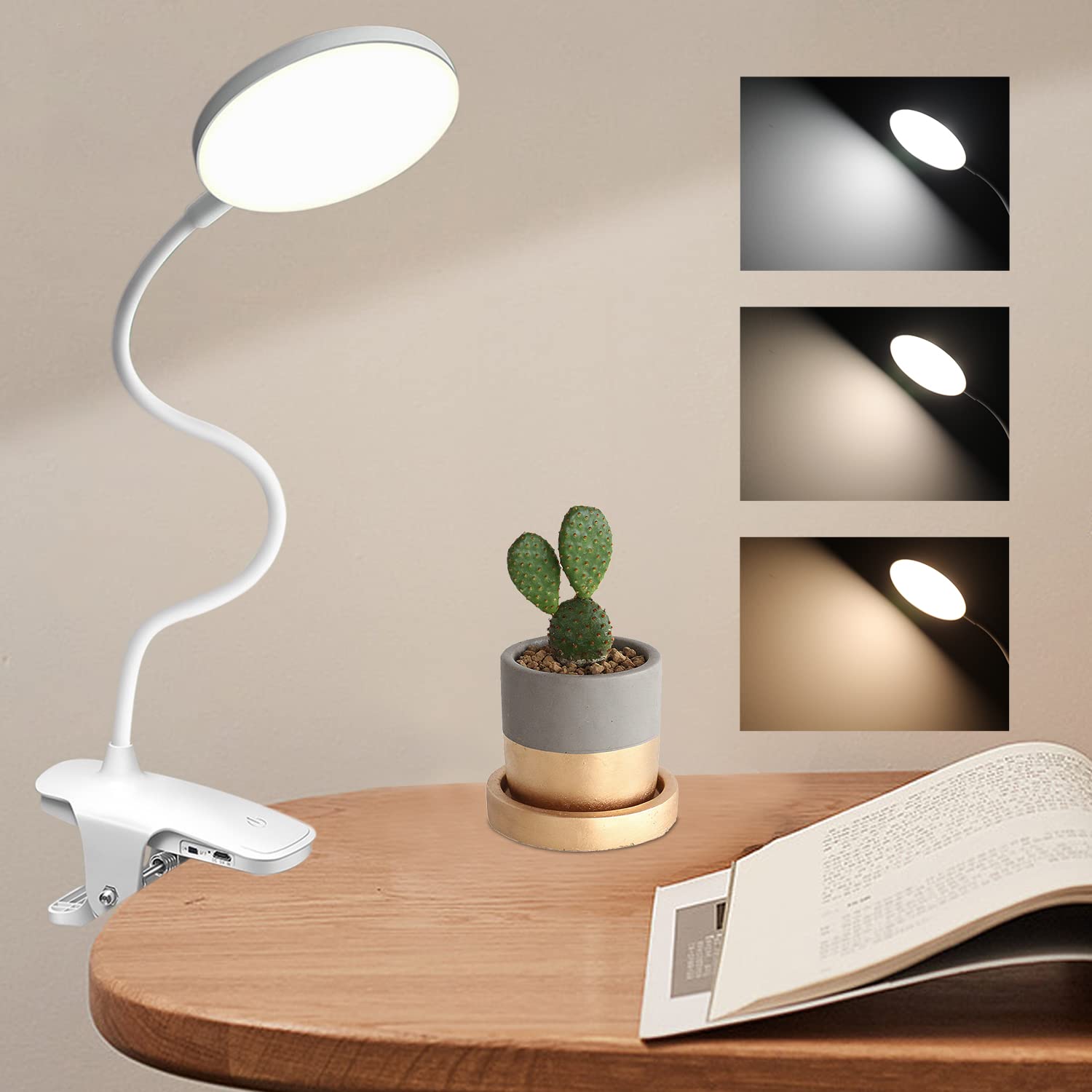 Clip-on Desk Lamp Eye Caring Table Lamp Rechargeable LED Book Light Night Light Clip on for Desk, Bed Headboard and Computers