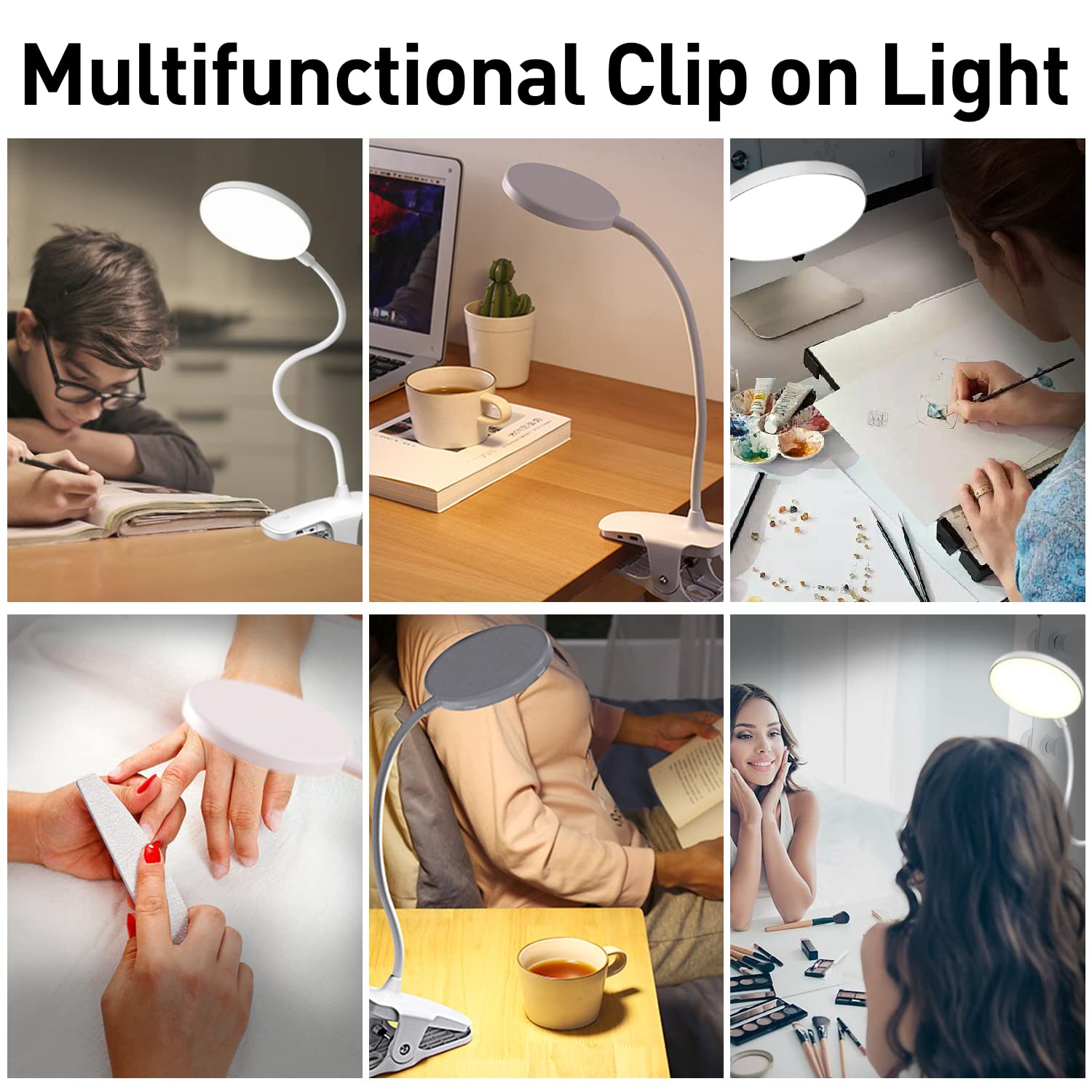 Clip-on Desk Lamp Eye Caring Table Lamp Rechargeable LED Book Light Night Light Clip on for Desk, Bed Headboard and Computers