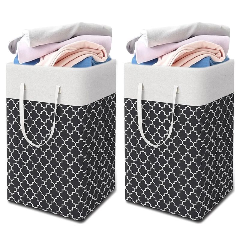 2 Pack Large Laundry Baskets, Waterproof, Freestanding Laundry Hampers, Collapsible Clothes Hamper with Reinforced Handles in Laundry Room, College Dorm, Bathroom, Bedroom (Grey, 75Lx2)
