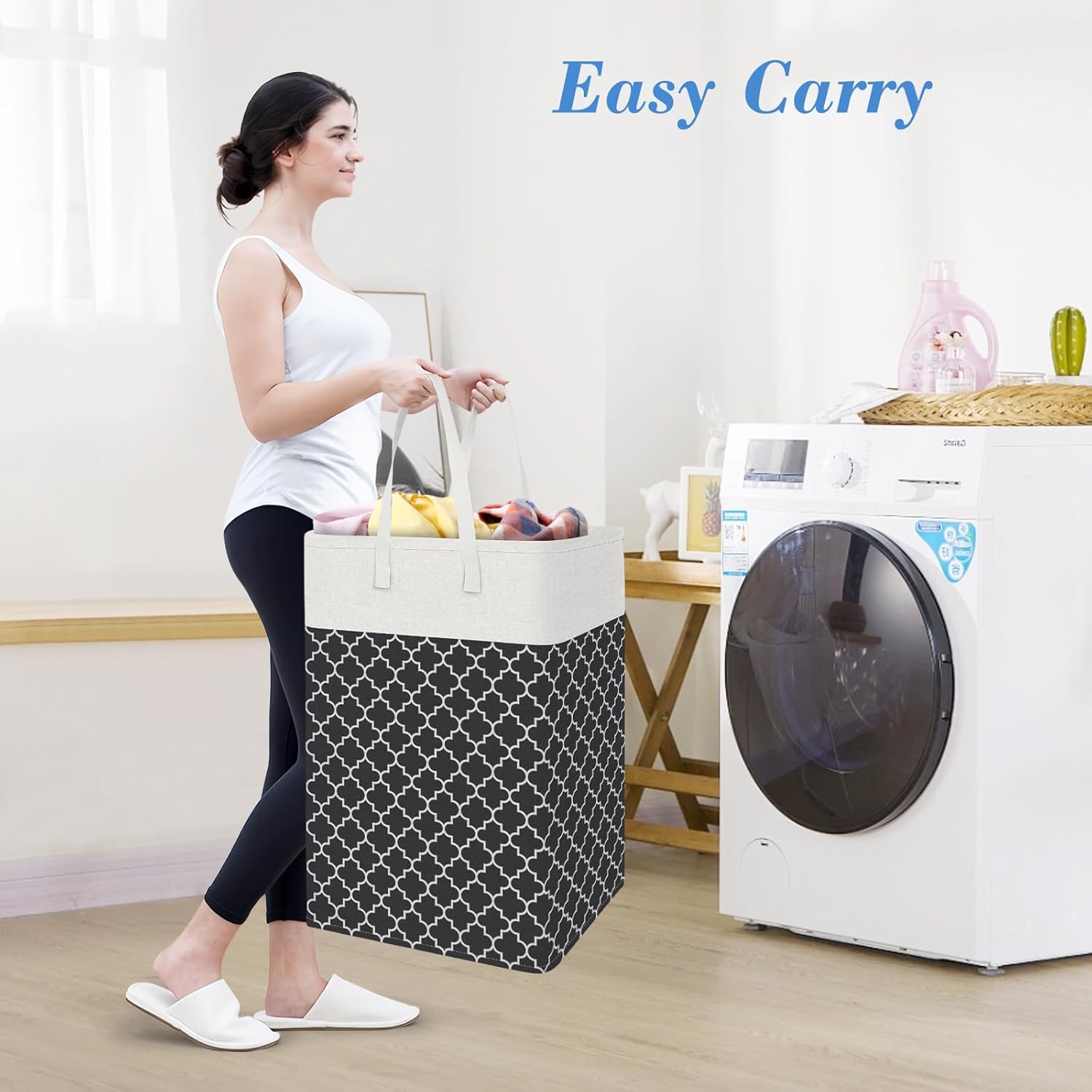 2 Pack Large Laundry Baskets, Waterproof, Freestanding Laundry Hampers, Collapsible Clothes Hamper with Reinforced Handles in Laundry Room, College Dorm, Bathroom, Bedroom (Grey, 75Lx2)