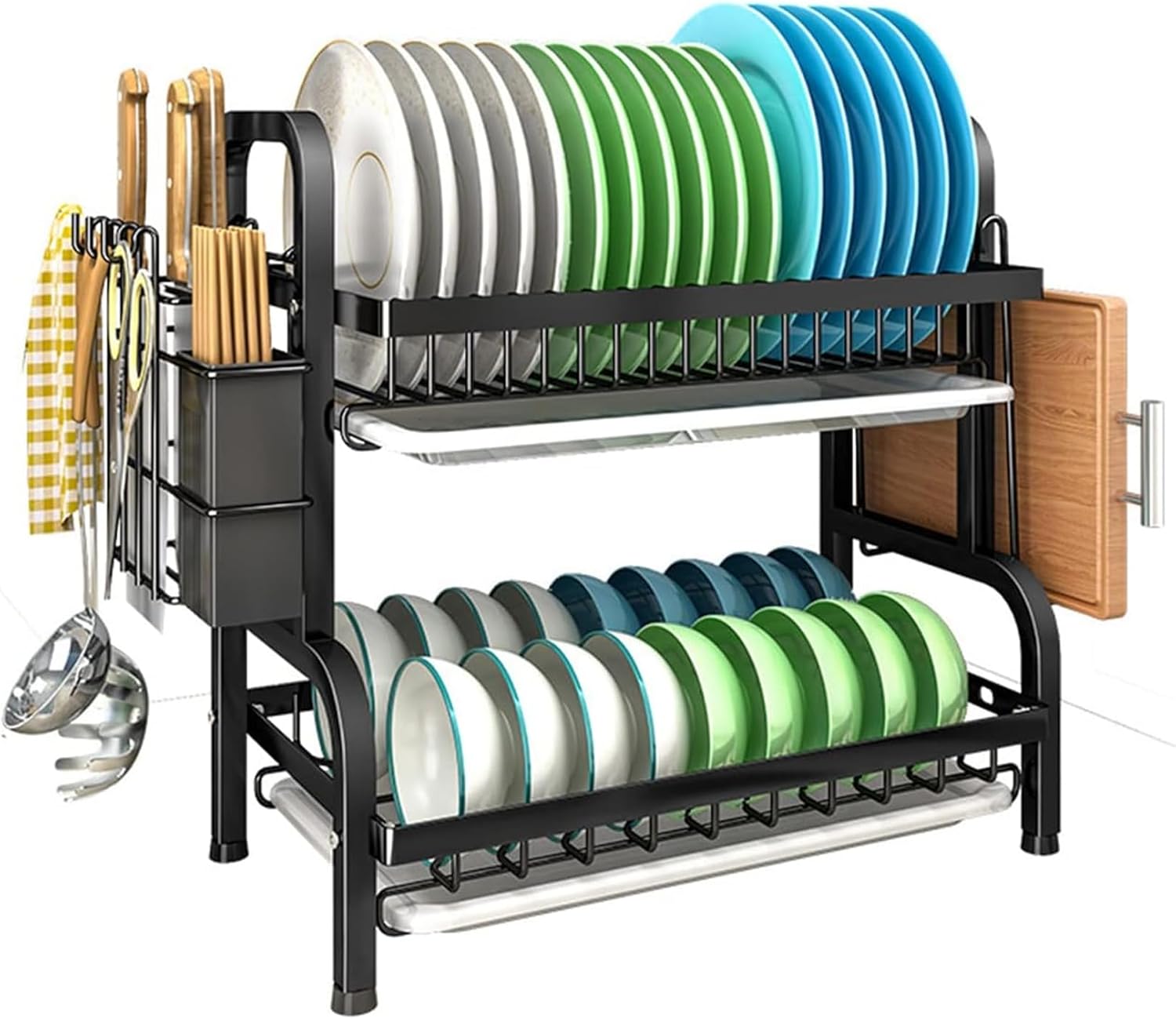 Dish Drying Rack - Stainless Steel Dish Rack for Kitchen Counter, 2-Tier Kitchen Organizers and Storage Rack with Drainboard and Cutlery Holder, Large, Black