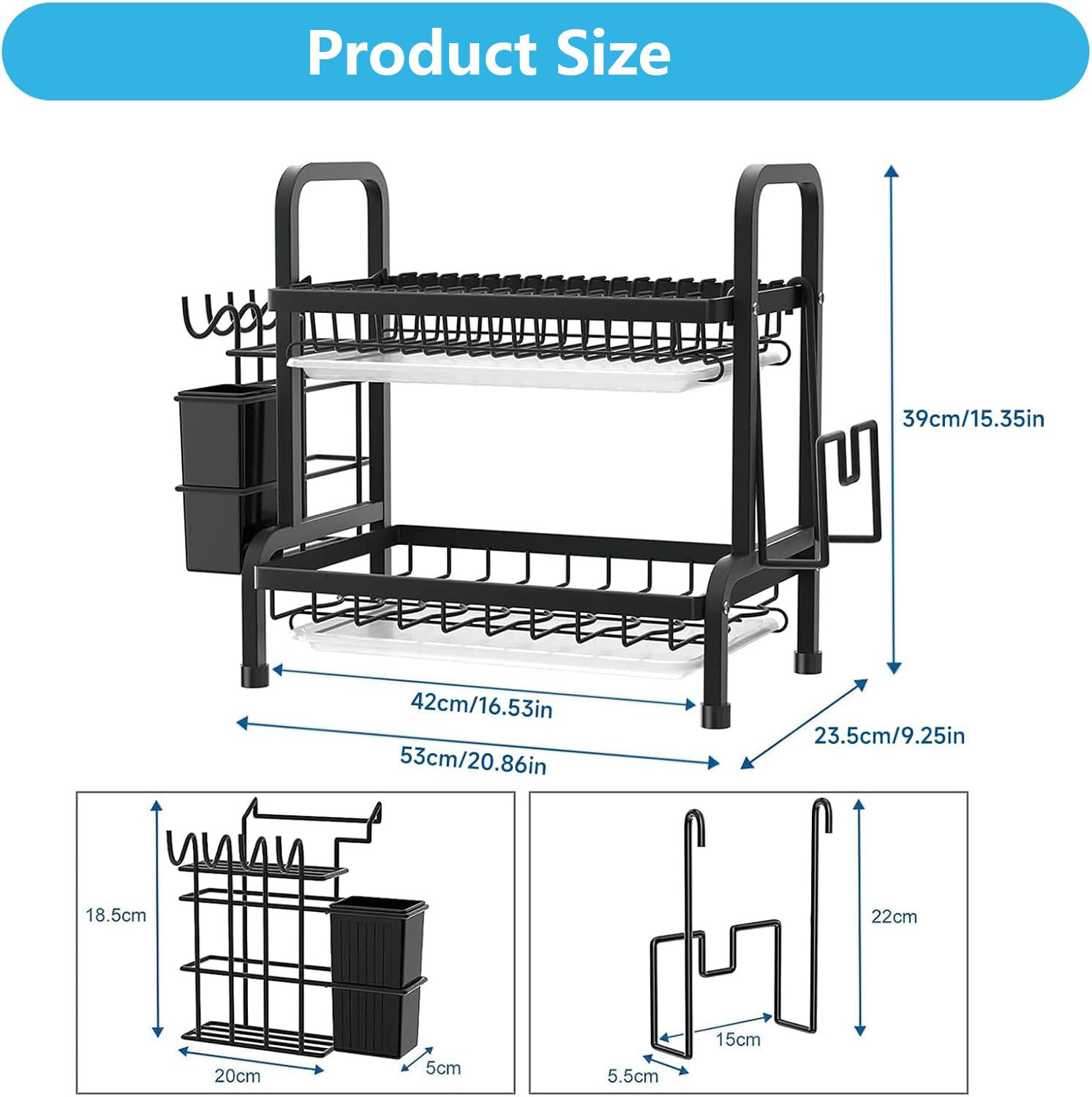 Dish Drying Rack - Stainless Steel Dish Rack for Kitchen Counter, 2-Tier Kitchen Organizers and Storage Rack with Drainboard and Cutlery Holder, Large, Black