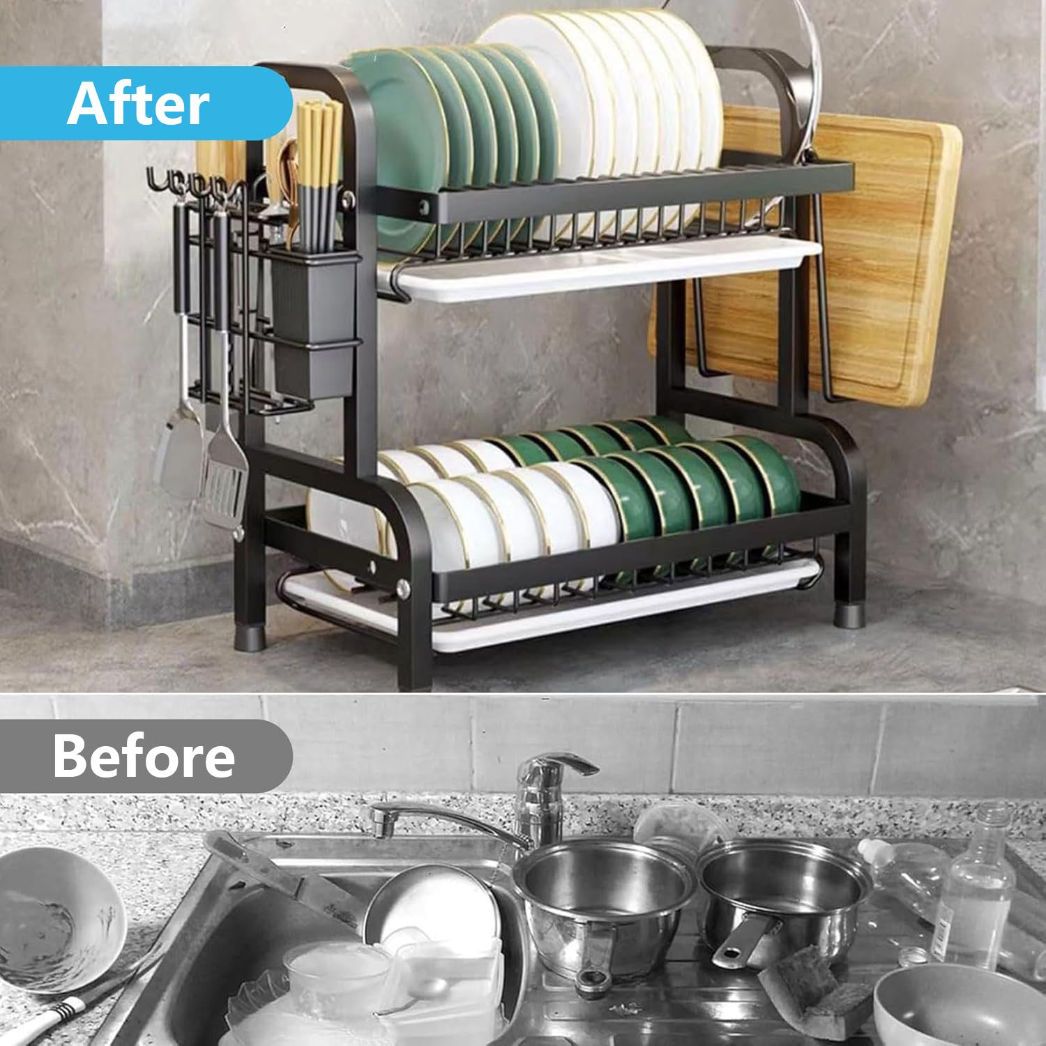 Dish Drying Rack - Stainless Steel Dish Rack for Kitchen Counter, 2-Tier Kitchen Organizers and Storage Rack with Drainboard and Cutlery Holder, Large, Black