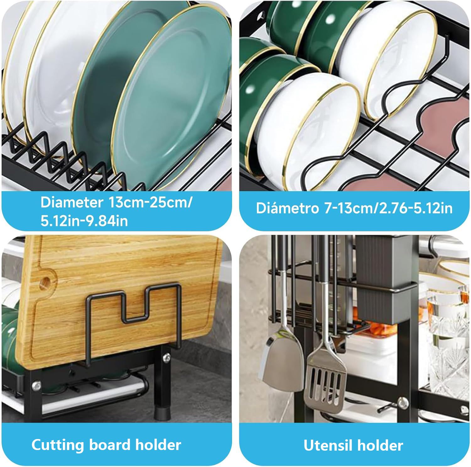 Dish Drying Rack - Stainless Steel Dish Rack for Kitchen Counter, 2-Tier Kitchen Organizers and Storage Rack with Drainboard and Cutlery Holder, Large, Black