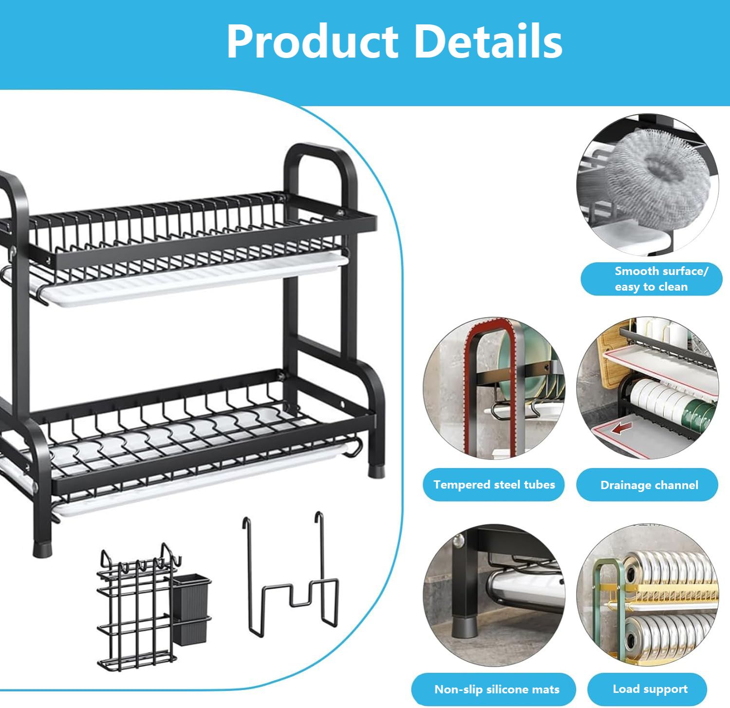 Dish Drying Rack - Stainless Steel Dish Rack for Kitchen Counter, 2-Tier Kitchen Organizers and Storage Rack with Drainboard and Cutlery Holder, Large, Black