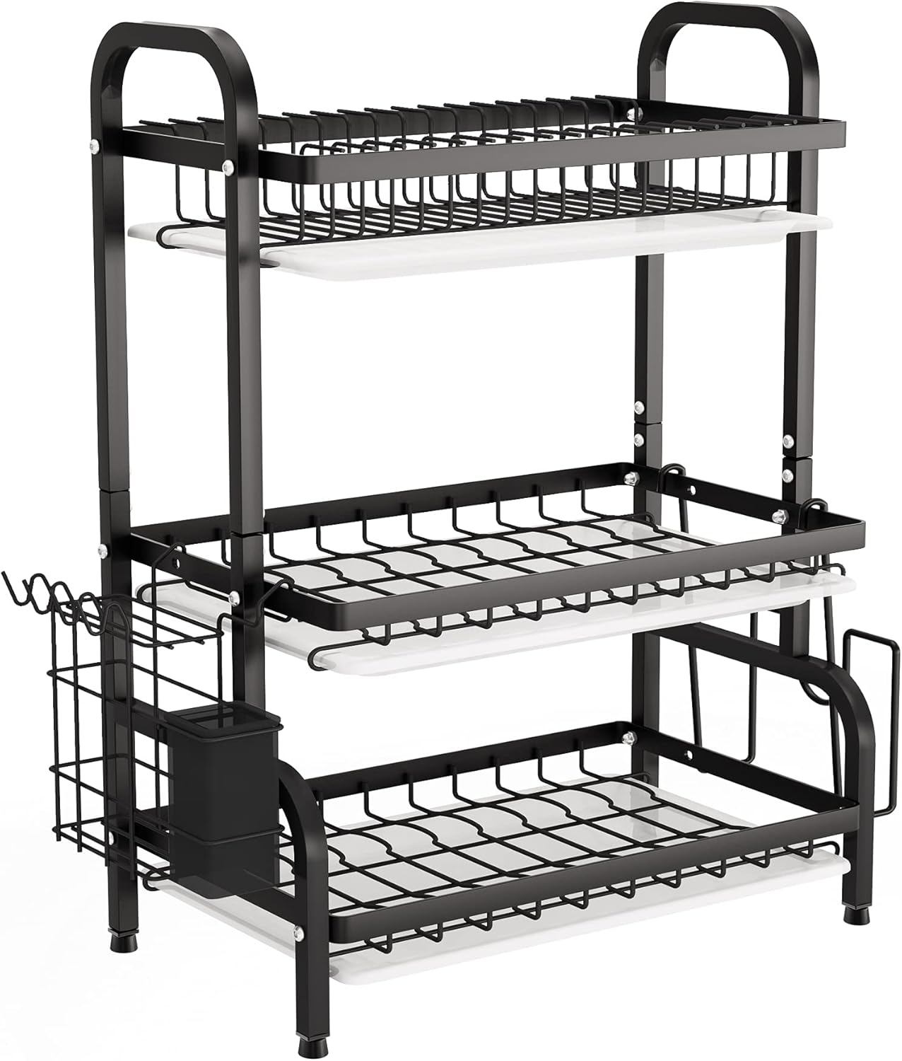 Dish Drying Rack - Stainless Steel Dish Rack for Kitchen Counter, 3-Tier Kitchen Organizers and Storage Rack with Drainboard and Cutlery Holder, Large, Black