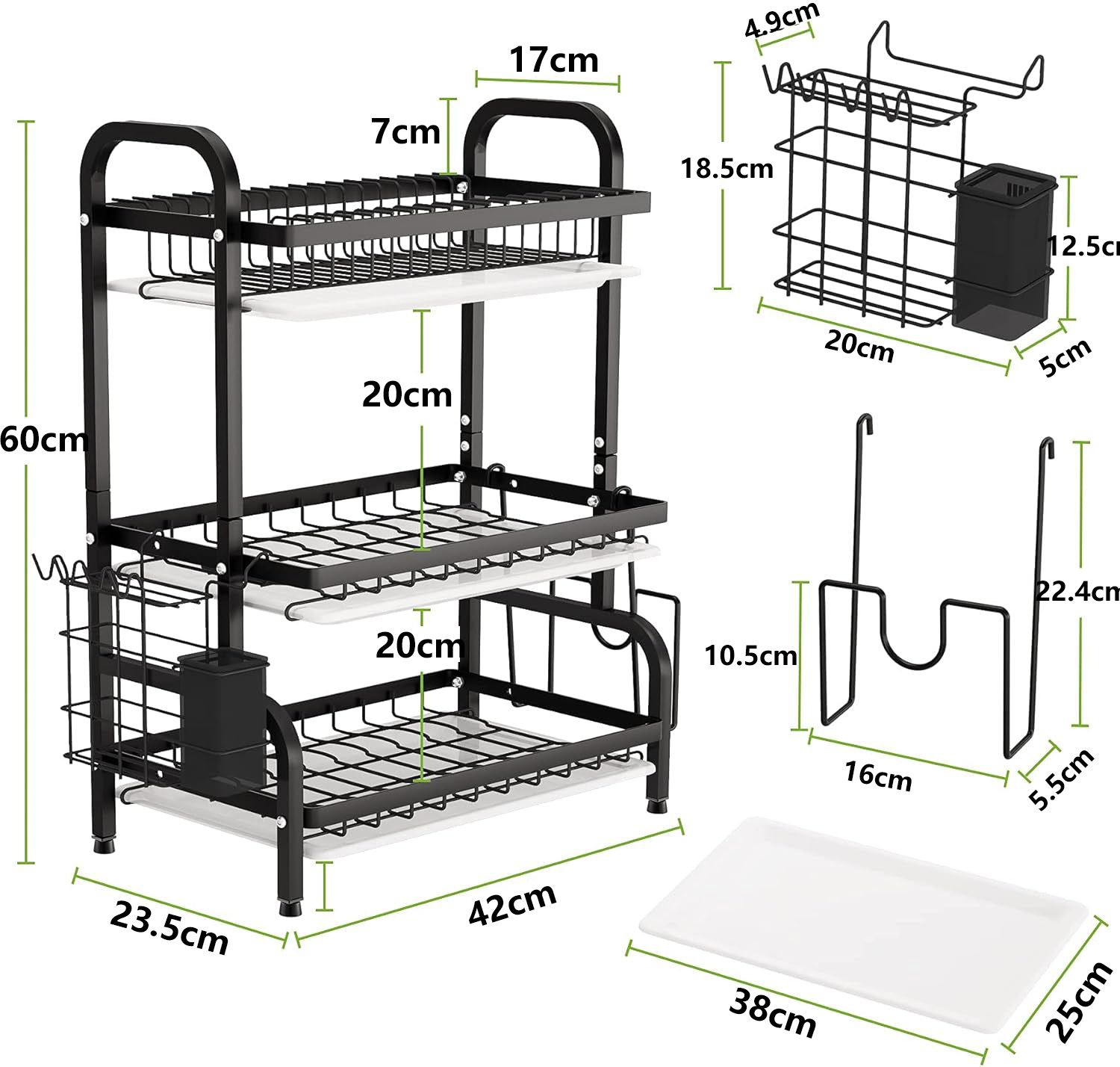 Dish Drying Rack - Stainless Steel Dish Rack for Kitchen Counter, 3-Tier Kitchen Organizers and Storage Rack with Drainboard and Cutlery Holder, Large, Black
