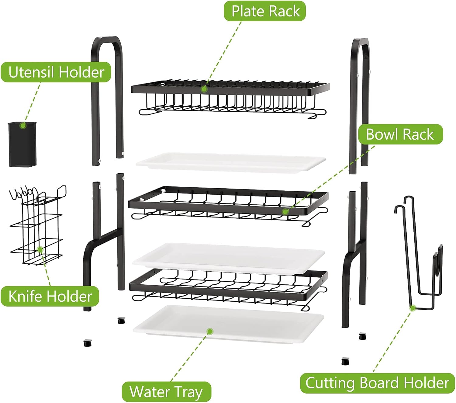 Dish Drying Rack - Stainless Steel Dish Rack for Kitchen Counter, 3-Tier Kitchen Organizers and Storage Rack with Drainboard and Cutlery Holder, Large, Black