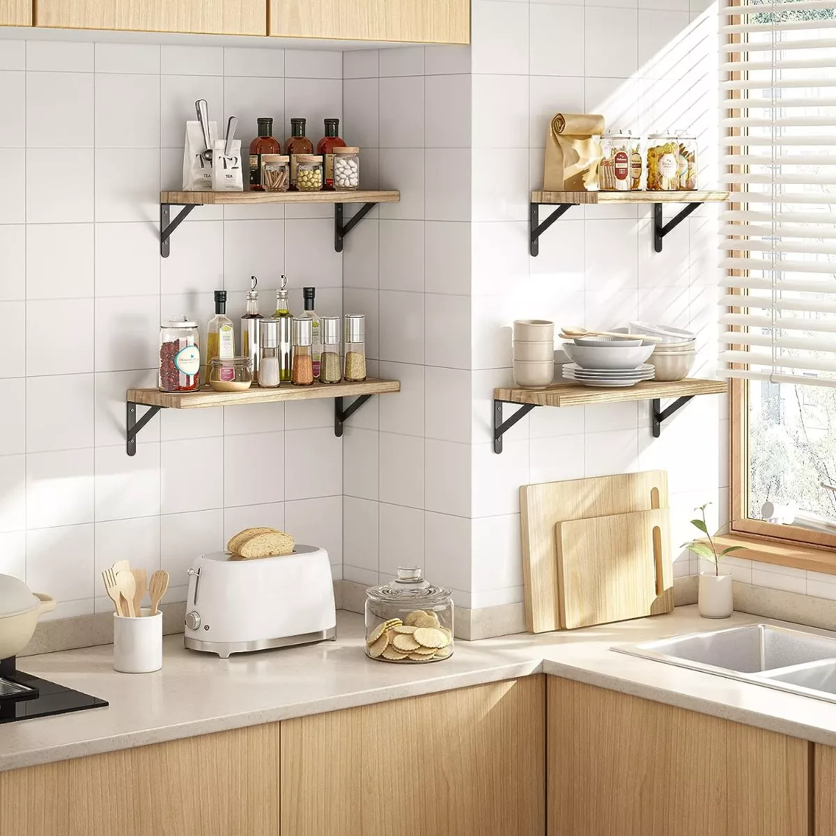 4 Pcs Wooden Wall Shelf Hanging Shelves, Rustic Farmhouse Style, Wood Floating Shelves for Wall Decor, Bathroom & Bedroom Storage, Living Room Book Shelves