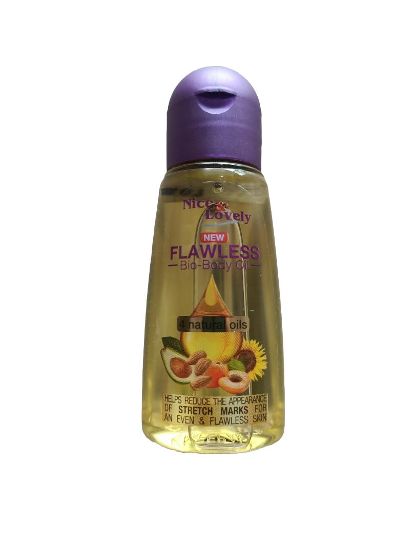 Nice & Lovely Flawless Bio-Body Oil 50ml. Blend of 4 natural oils, sweet almonds,apricot,ovacado and sunflower. Helps reduce the appearance of stretch marks.