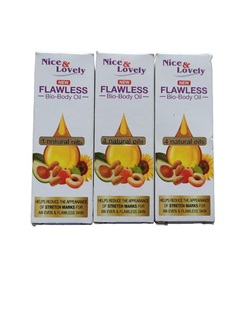 Nice & Lovely Flawless Bio-Body Oil 50ml. Blend of 4 natural oils, sweet almonds,apricot,ovacado and sunflower. Helps reduce the appearance of stretch marks.