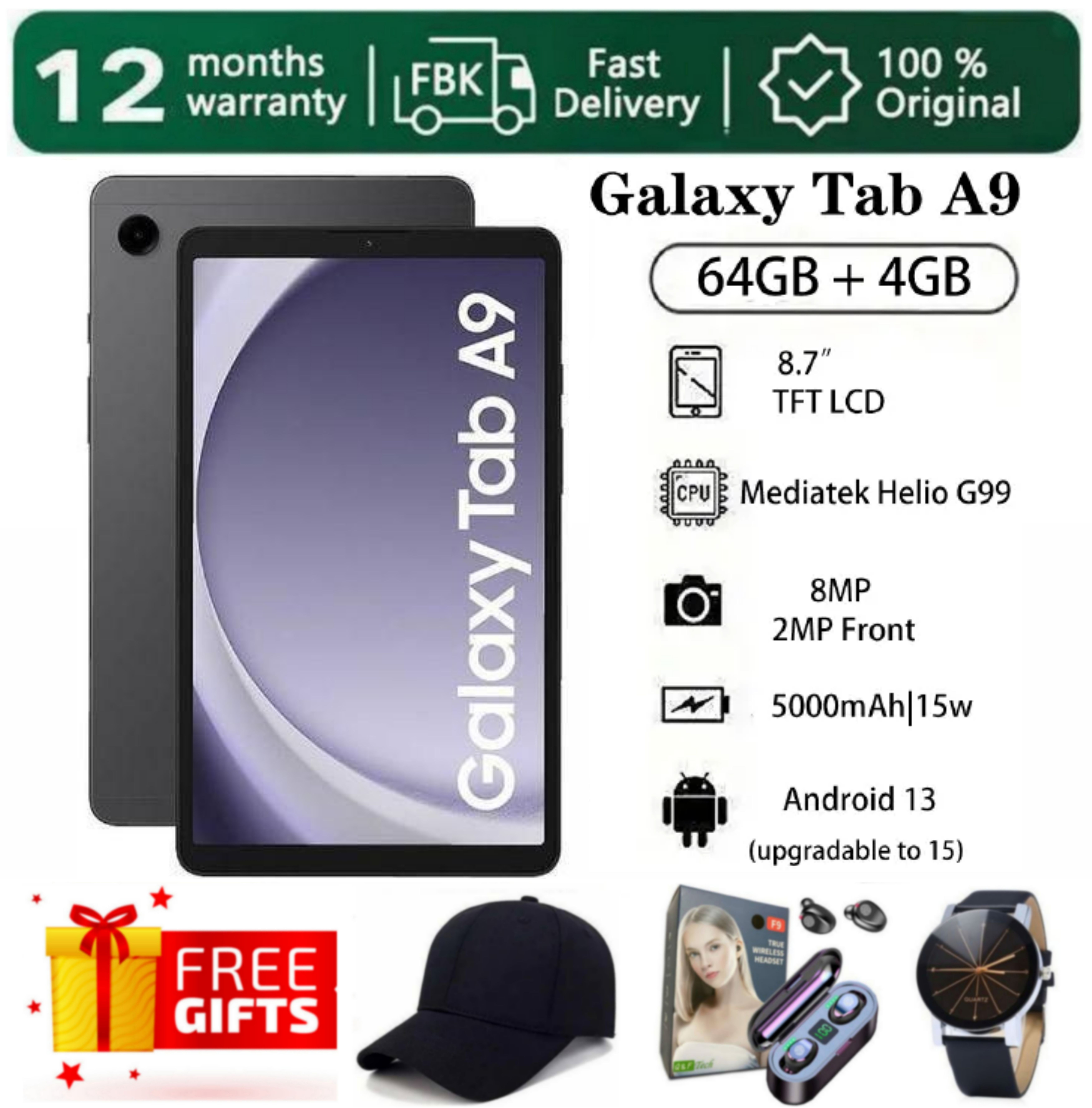 SUPER DEALS!!! SAMSUNG GALAXY Tab A9 64GB ROM Storage + 4GB RAM 8.7" TFT LCD Display 8MP Camera Android 13 (Upgradable to Android 15) MediaTek Helio G99 15W 5100mAh Tablet + FREE GIFTS INCLUDED