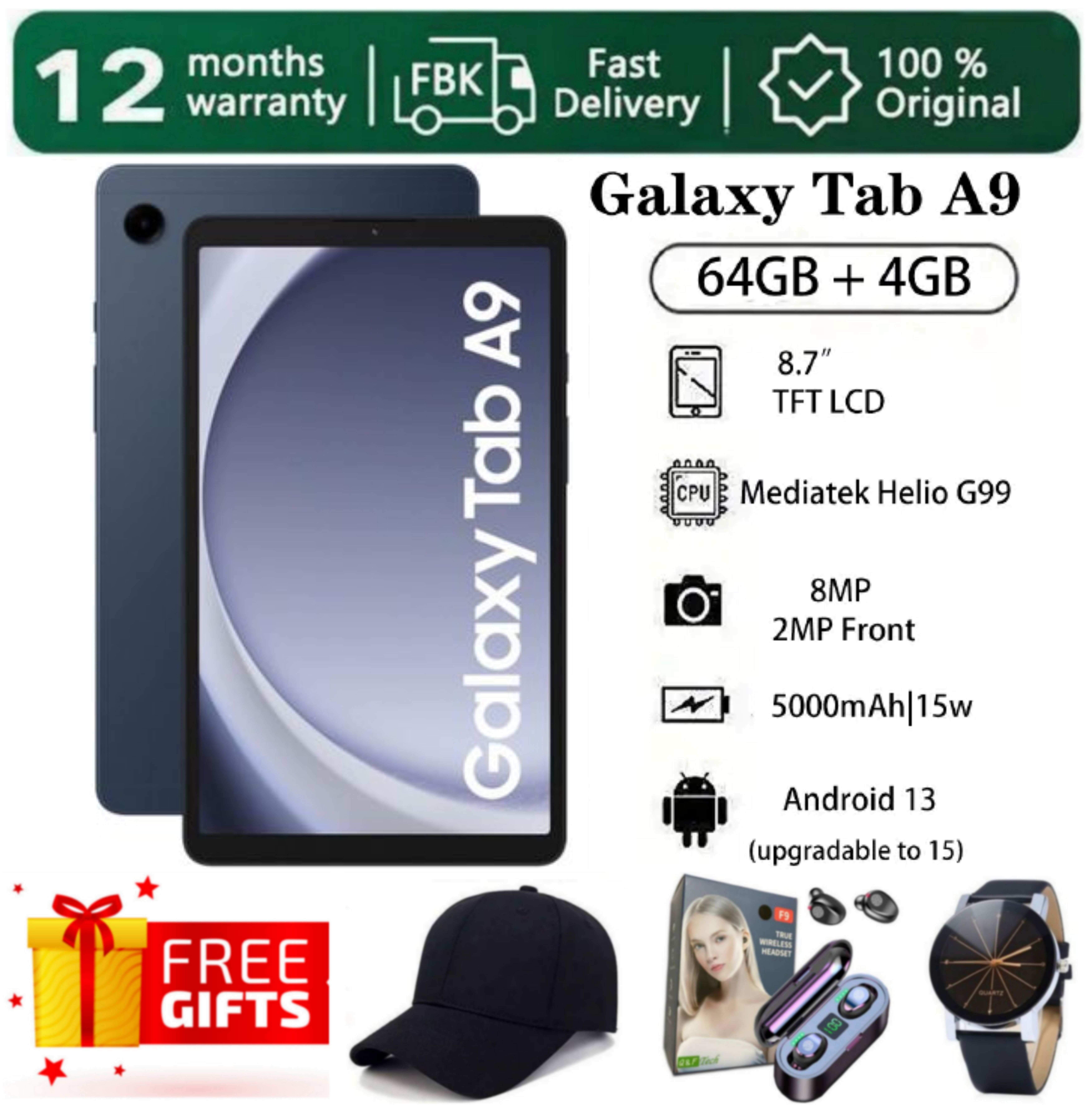 SUPER DEALS!!! SAMSUNG GALAXY Tab A9 64GB ROM Storage + 4GB RAM 8.7" TFT LCD Display 8MP Camera Android 13 (Upgradable to Android 15) MediaTek Helio G99 15W 5100mAh Tablet + FREE GIFTS INCLUDED