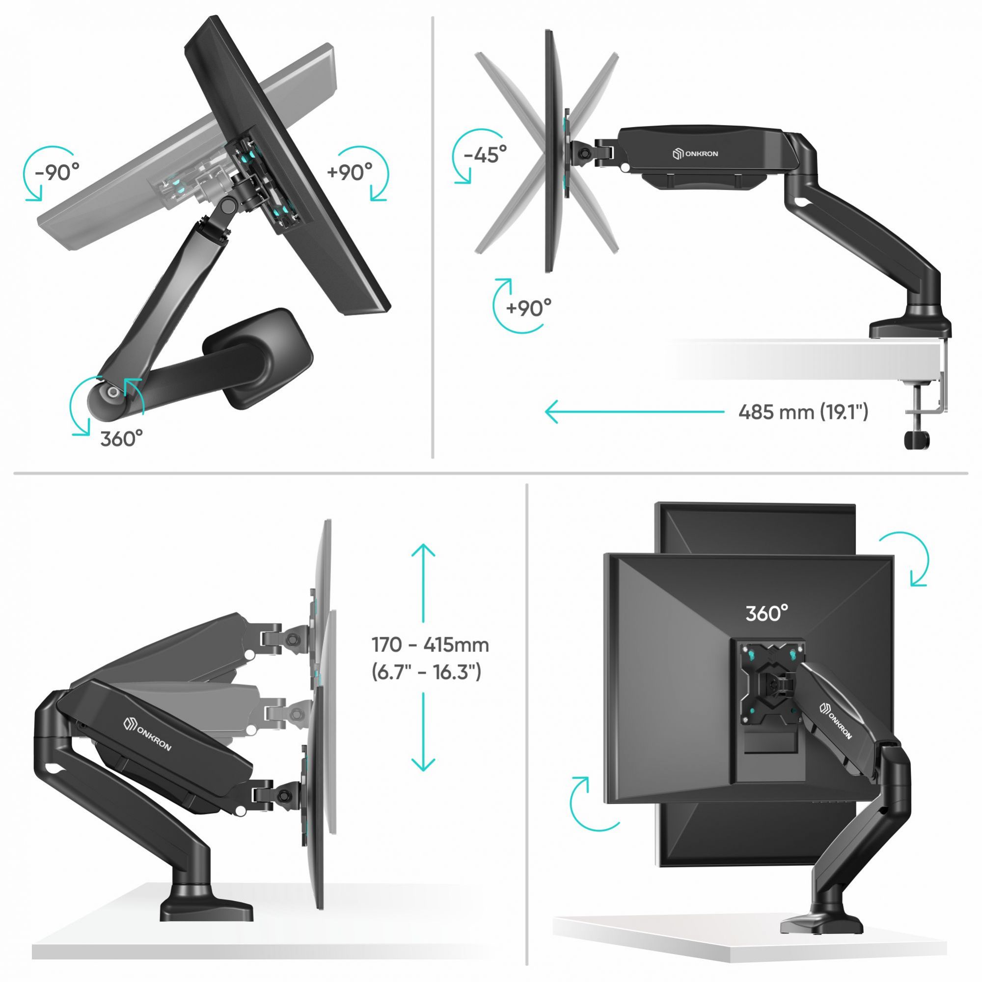 Monitor Desk Mount for 13"-32" LCD LED OLED Screens up to 17.6 lb. ONKRON G80, Black