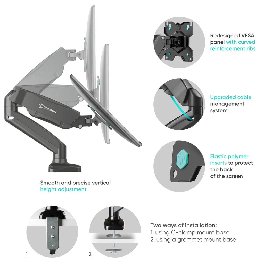 Monitor Desk Mount for 13"-32" LCD LED OLED Screens up to 17.6 lb. ONKRON G80, Black