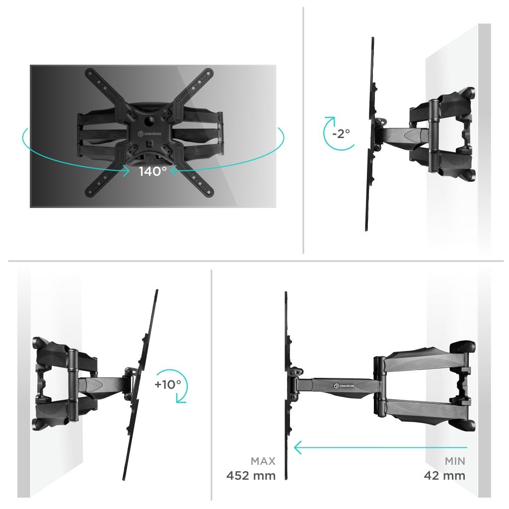 Full Motion TV Wall Mount for 37" to 70 inch Screens up to 88 lbs ONKRON M5L, Black