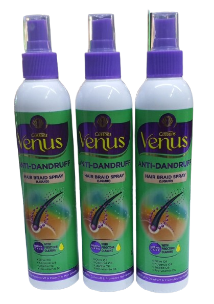 Venus Anti dandruff hair braid spray (liquid) designed to keep the hair style neat and conditioned without needing to take styles down.It helps soothe the scalp and eliminate dandruff.