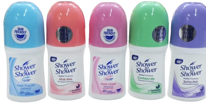 Shower to Shower roll-on deodorants formulated to provide long-lasting, 48-hour protection against sweat and body odor, designed to keep users feeling fresh throughout the day.