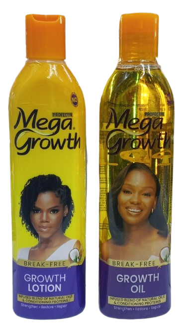 Mega Growth lotion and oil designed to strengthen & protect hair from damage breakage and split ends.The lotion provide daily moisture and softness while the oil nourishes the scalp and improves shine