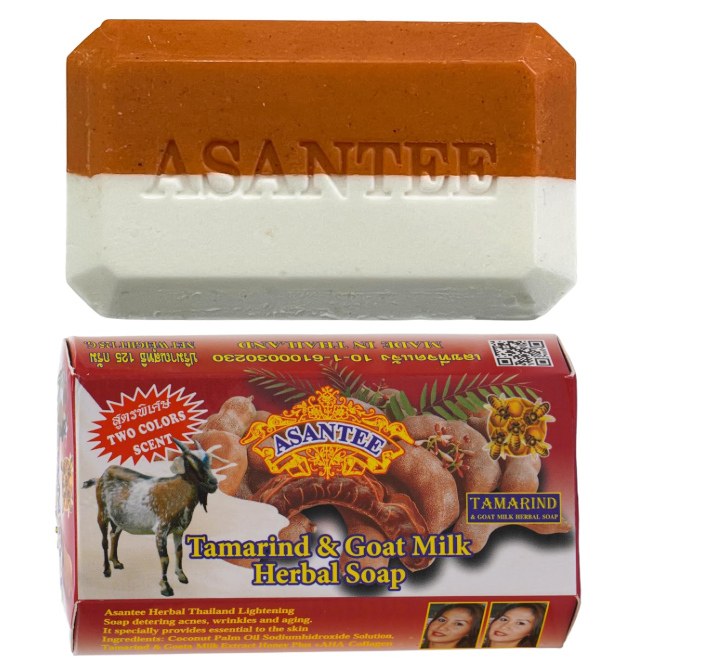 Asantee Taramind & Goat milk herbal soap  Infused with tamarind extract, goat milk, honey, and AHA collagen, this soap offers gentle exfoliation, hydration