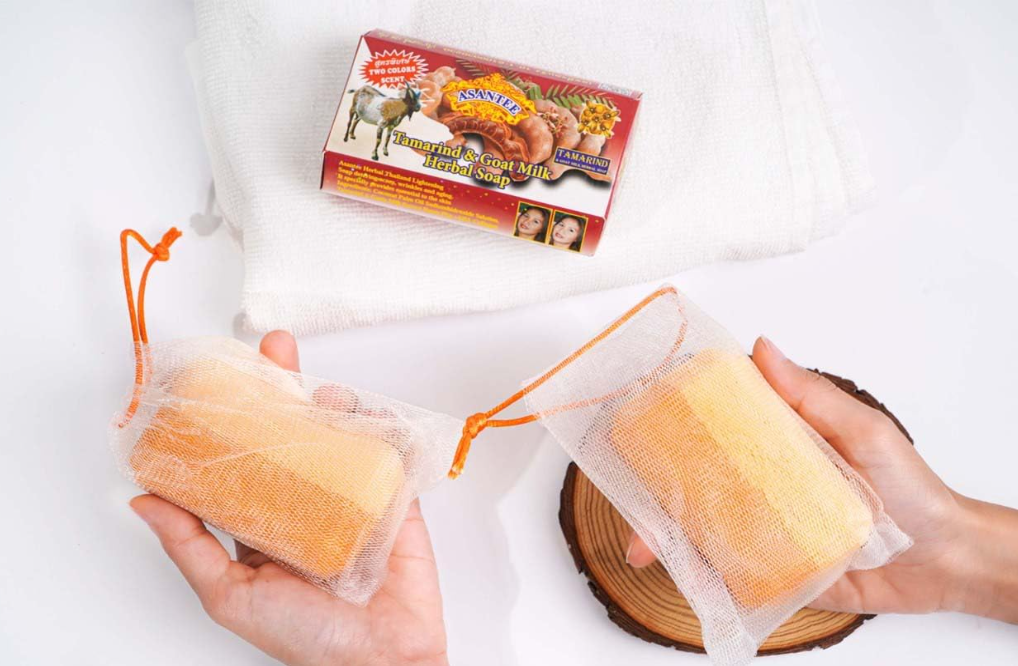 Asantee Taramind & Goat milk herbal soap  Infused with tamarind extract, goat milk, honey, and AHA collagen, this soap offers gentle exfoliation, hydration