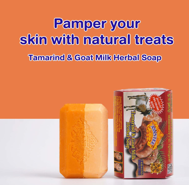 Asantee Taramind & Goat milk herbal soap  Infused with tamarind extract, goat milk, honey, and AHA collagen, this soap offers gentle exfoliation, hydration