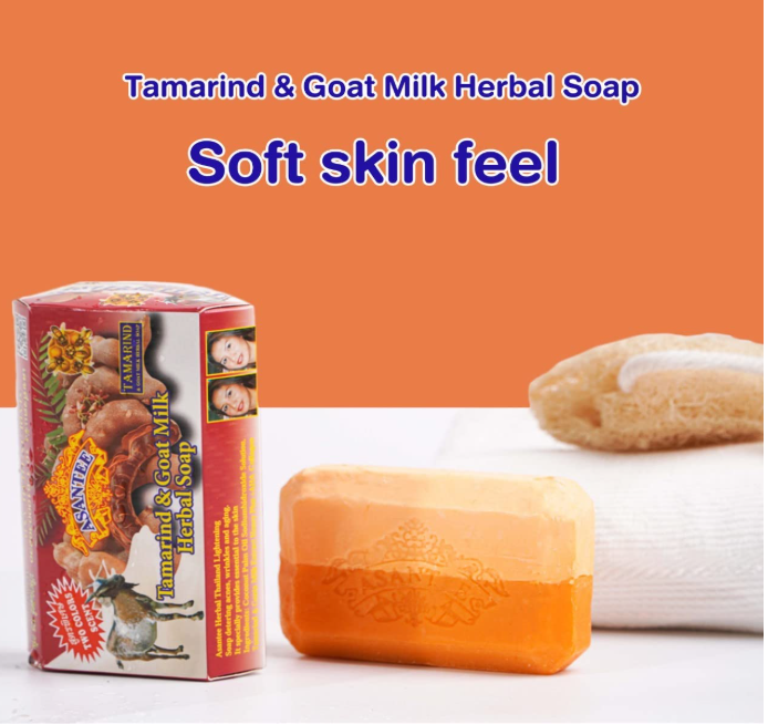 Asantee Taramind & Goat milk herbal soap  Infused with tamarind extract, goat milk, honey, and AHA collagen, this soap offers gentle exfoliation, hydration