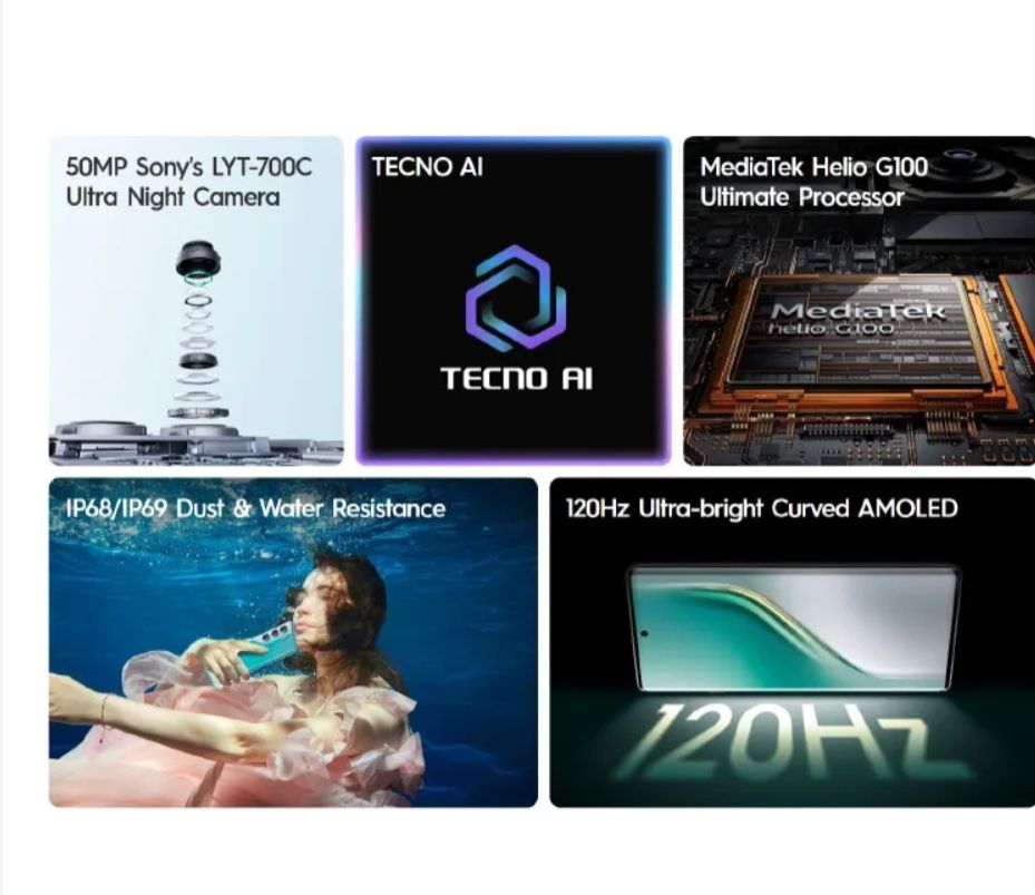 Tecno Camon 40 Pro 256GB ROM+8GB RAM 6.78" 120Hz AMOLED Display 50MP+50MP Camera Corning Gorrila Glass 7i IP68/69 Dust/Water Resistant 5200mAh Battery MTK Helio G100 Ultimate Android Smartphone