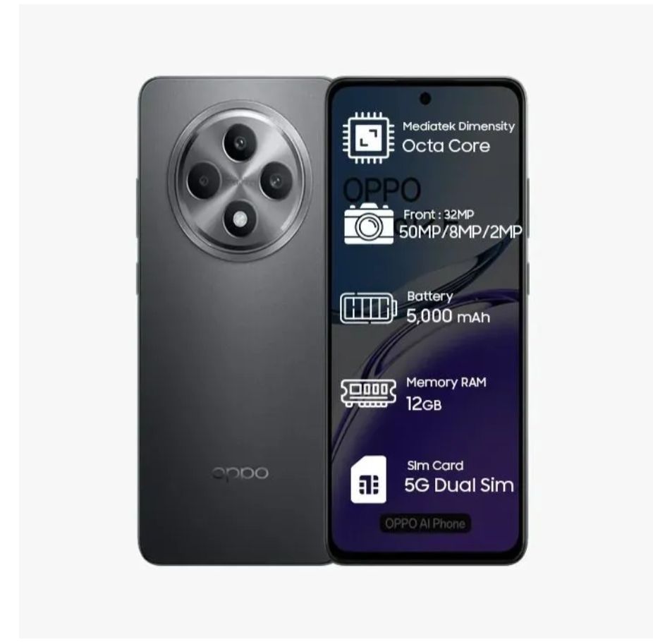 [Brand New] Oppo Reno 12F 4G 8GB+256GB 6.67 Inches AMOLED 120Hz Display 50MP+32MP Front and Back Camera 5000mAh Battery 45W Fast Charge IP64 Dust Water Resistant Smart Phone