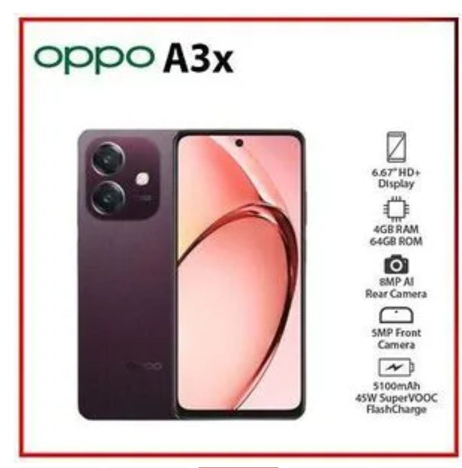 Oppo A3X 128GB+4GB 6.67" 90Hz Display 8MP+5MP Camera Snapdragon 6s 4G Gen 1 Processor 5100mAh Battery 45W Fast Charging IP54 Dust/Water Resistant Android Smartphone Mobile Phone