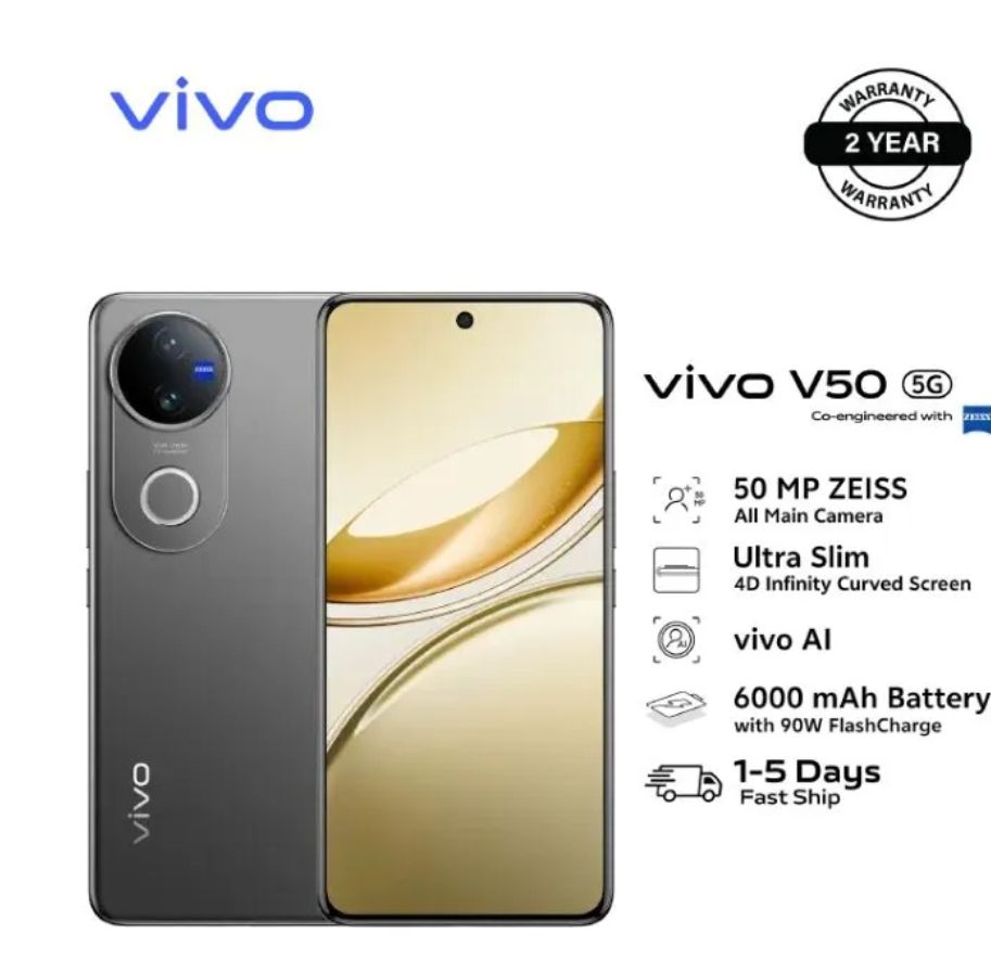 [Brand New] Vivo V50 512GB+12GB 6.77 Inches 120Hz Display 50MP+50MP Cameras Snapdragon 7 Gen 3 Processor 6000mAh Battery 90W SuperFast Charging IP68/69Dust/Water Resistant Android Smartphone