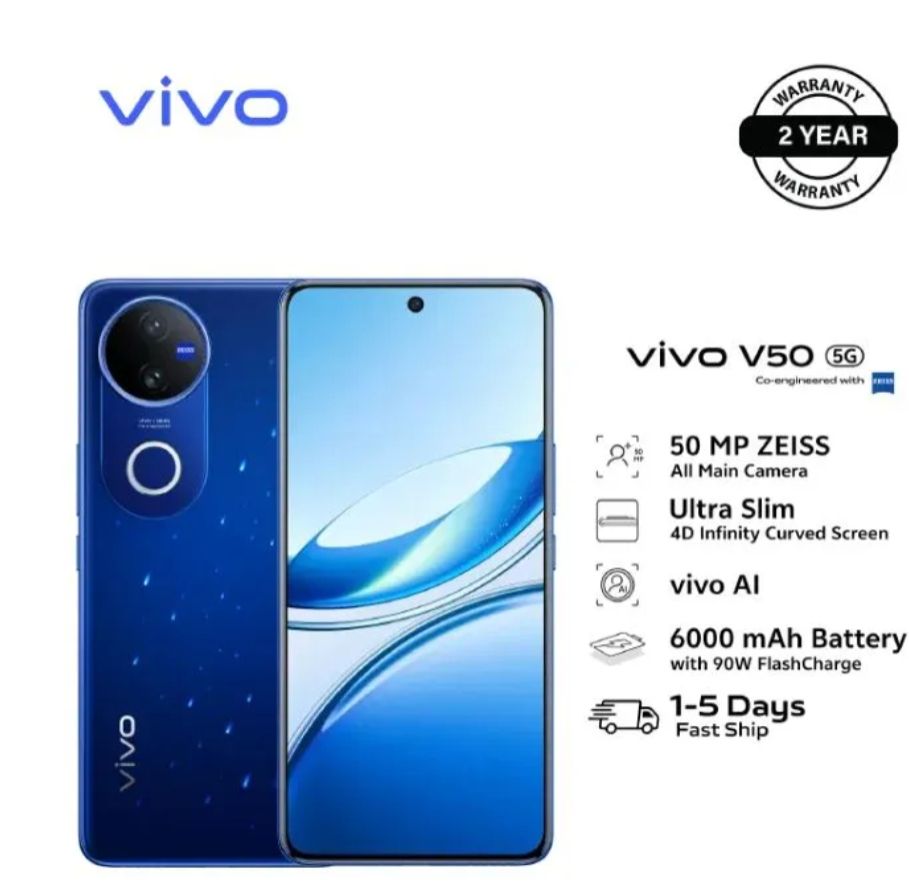 [Brand New] Vivo V50 512GB+12GB 6.77 Inches 120Hz Display 50MP+50MP Cameras Snapdragon 7 Gen 3 Processor 6000mAh Battery 90W SuperFast Charging IP68/69Dust/Water Resistant Android Smartphone