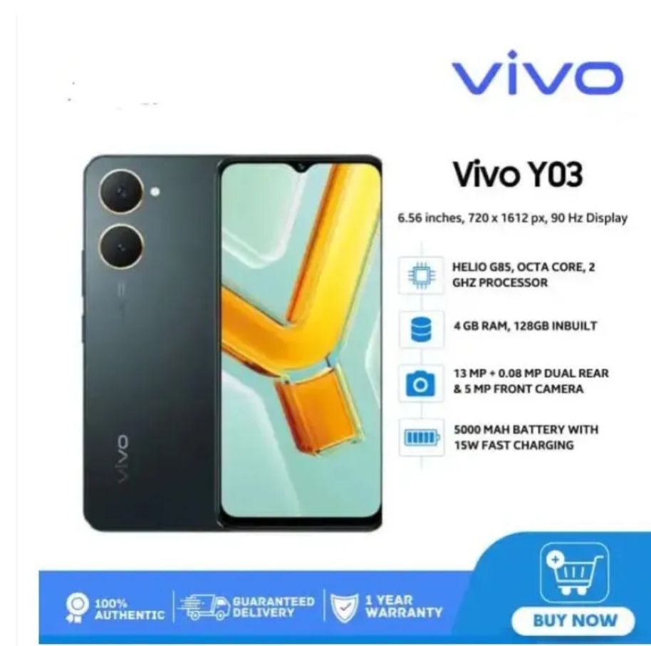 Vivo Y03 128GB+8GB[4+4] 6.56" 90Hz Display Android 4G 5000mAh Smart Phones 1 Years warranty phone IP54 Dust/Water Resistant MTK Helio G85 Processor 13MP Camera 15W Fast Charging Smartphone