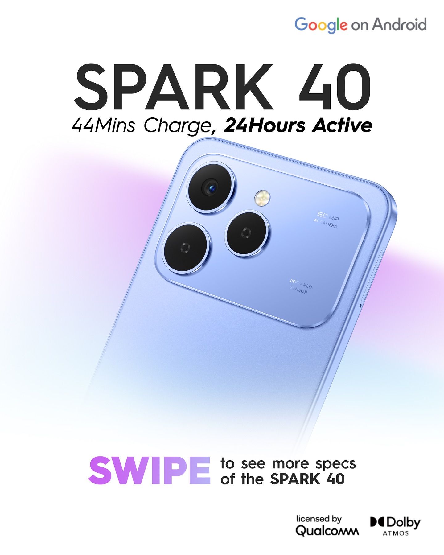 [Anniversary Offer] Tecno Spark 40 128GB +8(4+4)GB 120Hz 6.6" Display Dynamic Port 50MP IP54 Dust/Water Dual Speakers 7.8mm Ultra Slim 5000mAh 18W Type-C Dual SIM 4G Smart Phones Smartphone