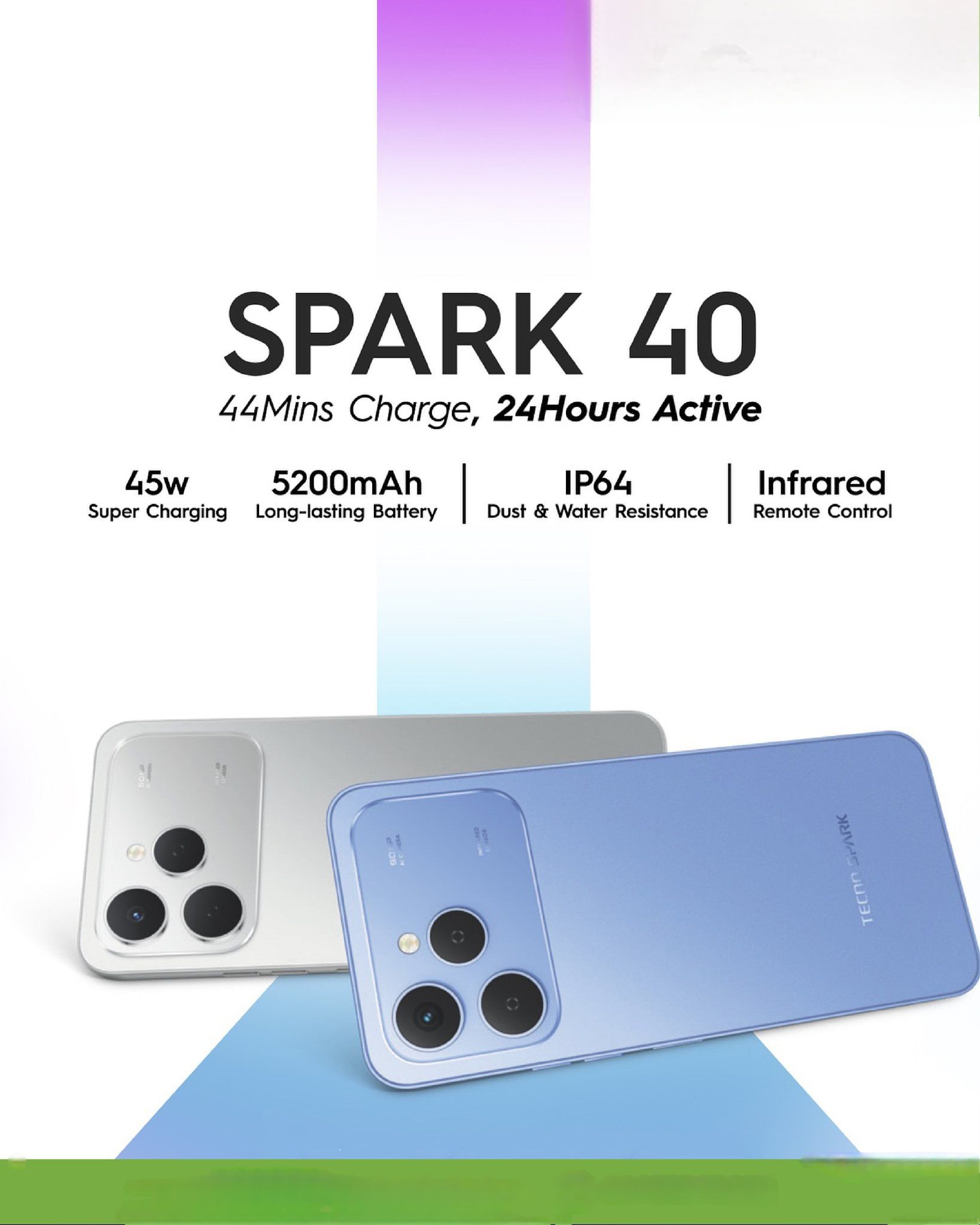 [Anniversary Offer] Tecno Spark 40 128GB +8(4+4)GB 120Hz 6.6" Display Dynamic Port 50MP IP54 Dust/Water Dual Speakers 7.8mm Ultra Slim 5000mAh 18W Type-C Dual SIM 4G Smart Phones Smartphone