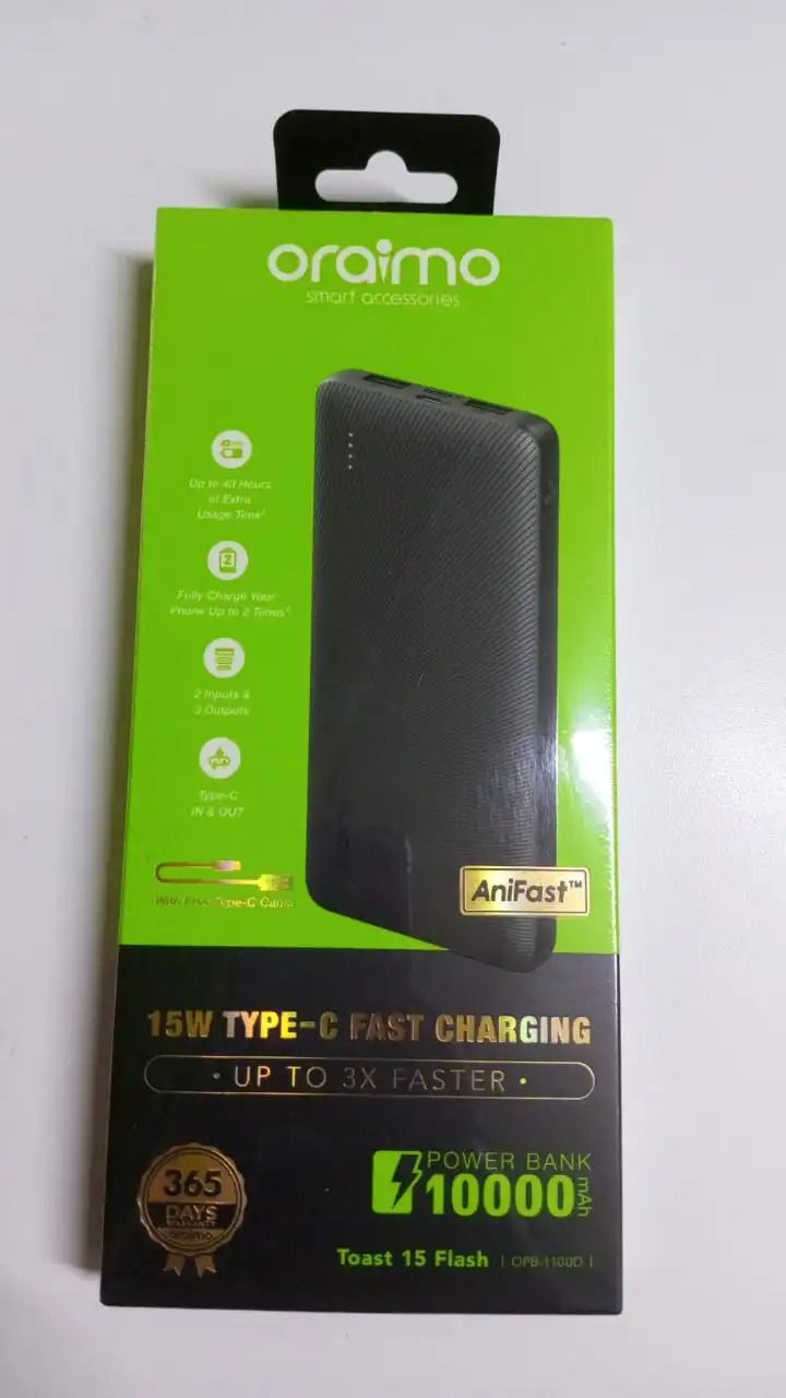 Oraimo Traveler 1100d Power Bank 10000mAh Toast 15 15W Smart Fast Charging Power Bank Type-C (IN/OUT) Universal Compatibility Powerbank Slim&Portable TypeC USB iphone charger cables