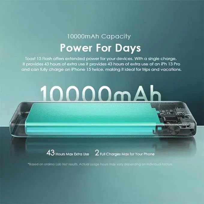 Oraimo Traveler 1100d Power Bank 10000mAh Toast 15 15W Smart Fast Charging Power Bank Type-C (IN/OUT) Universal Compatibility Powerbank Slim&Portable TypeC USB iphone charger cables
