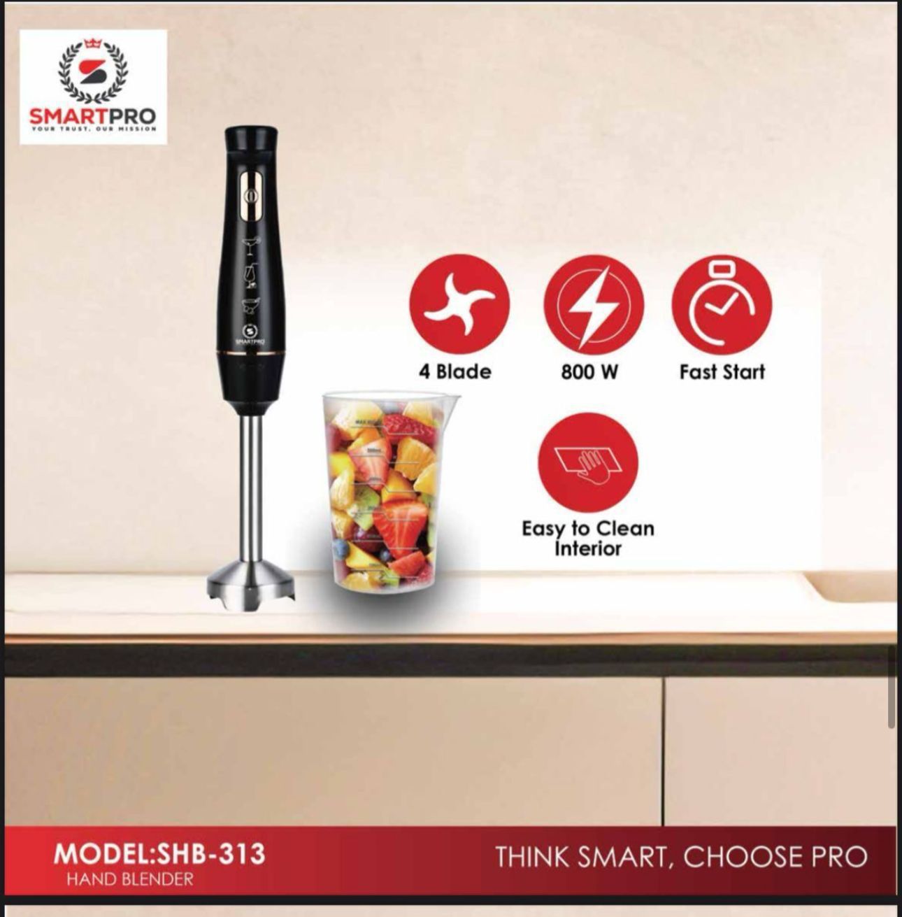 Smartpro Handheld Hand Blender – 300W Electric Stick Blender with Stainless Steel Blade and 3-Pin Power Plug