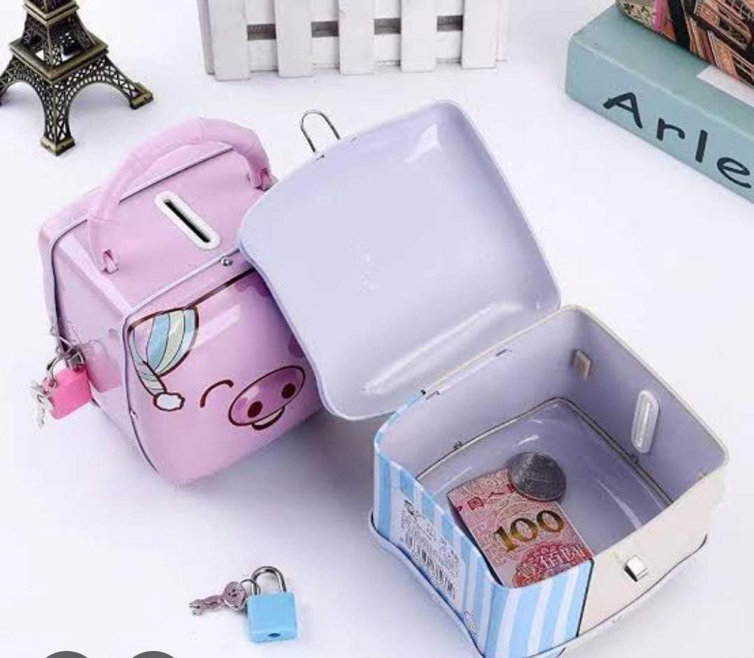 CUTE PIGGY BANK FOR KIDS WITH LOCK & KEY - PORTABLE MONEY SAVING BOX FOR COINS & CASH.AVAILABLE IN BLUE OR PINK