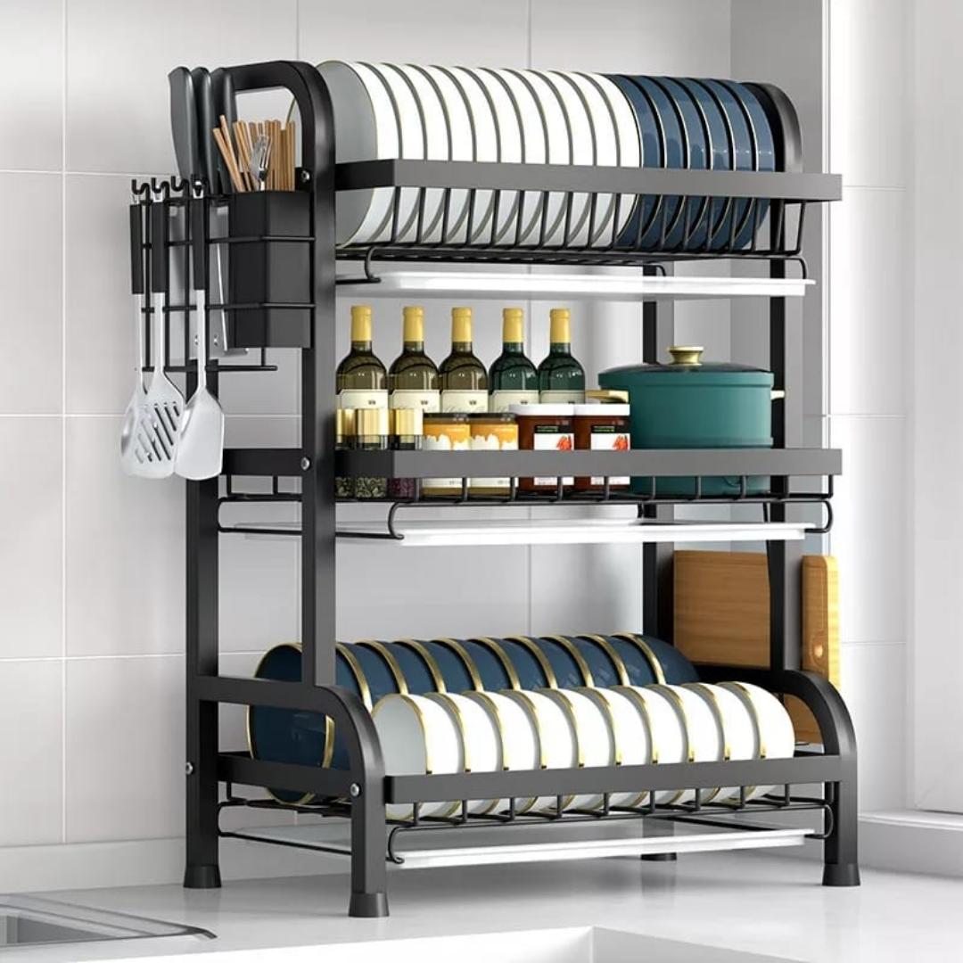 heavy duty 3 tier advanced dish rack, with drain trays and a cup holder