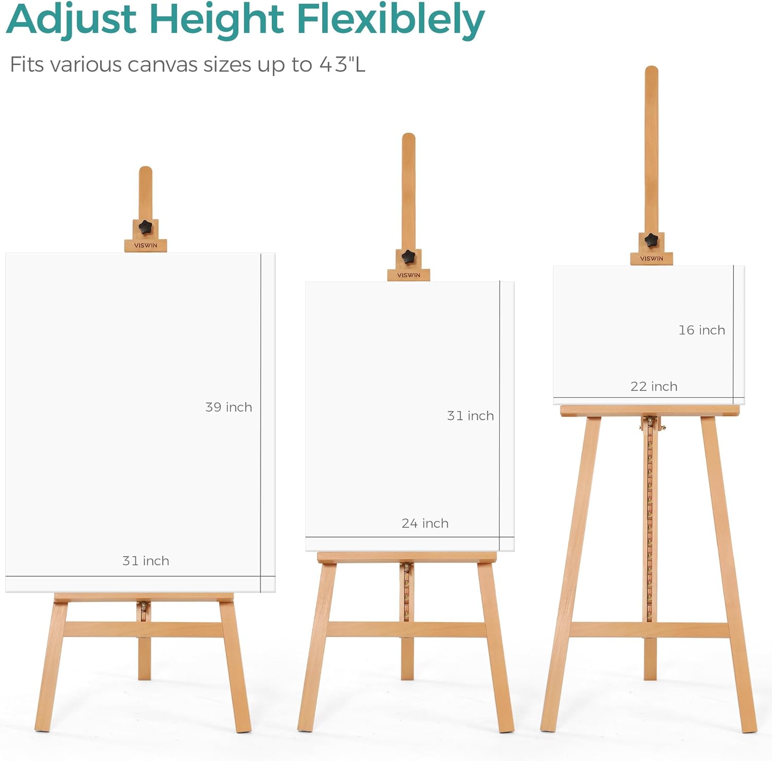 Wooden Easel for Painting & Display, 57"-76" Adjustable Height Beech Wood Easel Stand for Canvas, Sign, Hold Canvas up to 43", Foldable Floor Art Easel for Adults, Artists, Beginners - Natural