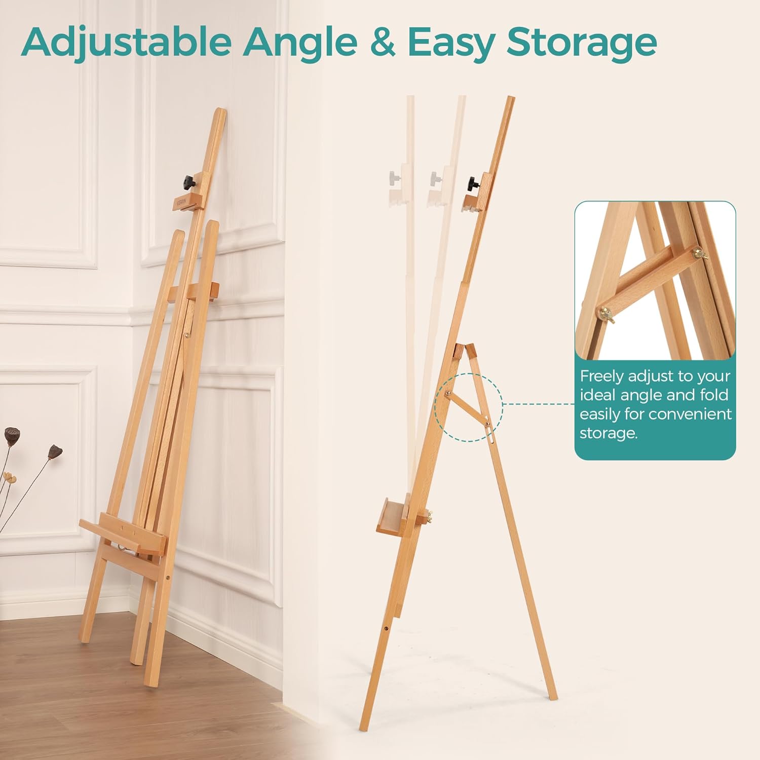 Wooden Easel for Painting & Display, 57"-76" Adjustable Height Beech Wood Easel Stand for Canvas, Sign, Hold Canvas up to 43", Foldable Floor Art Easel for Adults, Artists, Beginners - Natural