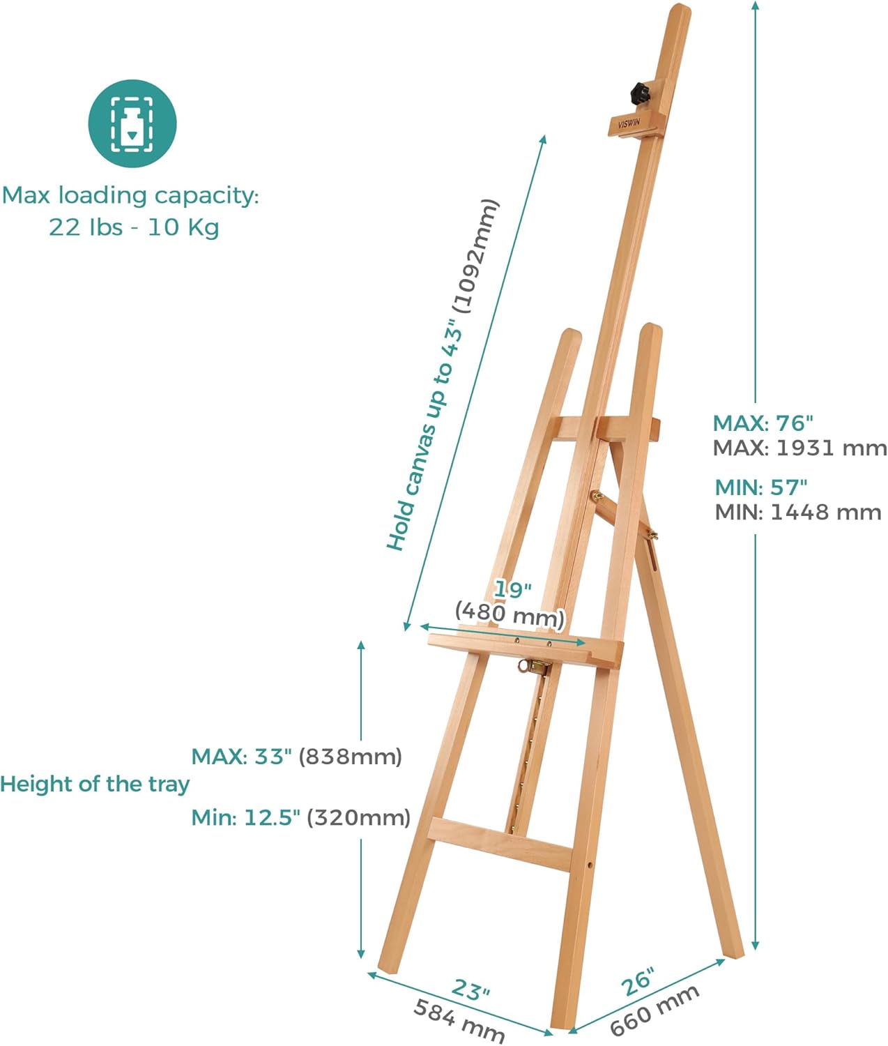 Wooden Easel for Painting & Display, 57"-76" Adjustable Height Beech Wood Easel Stand for Canvas, Sign, Hold Canvas up to 43", Foldable Floor Art Easel for Adults, Artists, Beginners - Natural