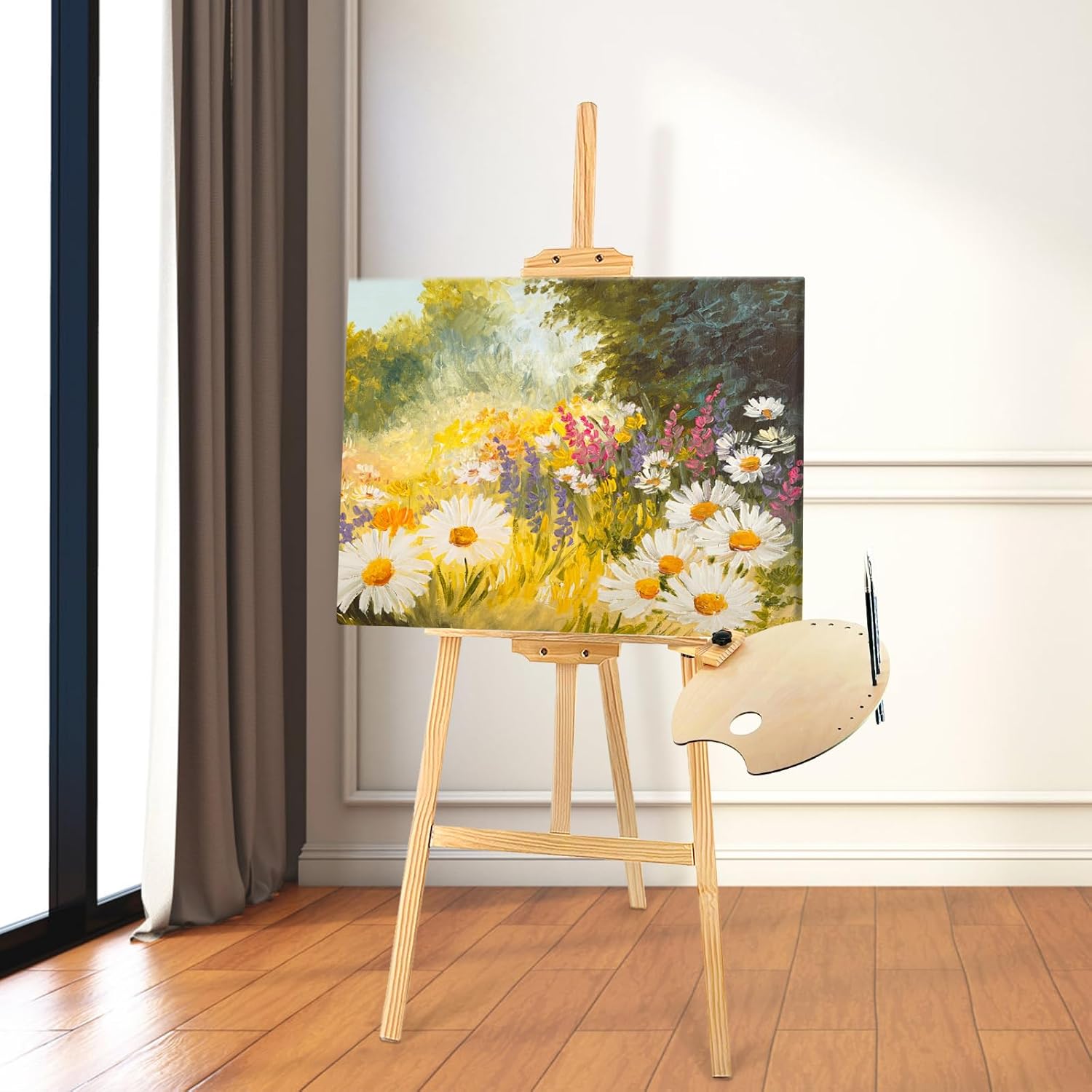 Wooden Easel for Painting & Display, 57"-76" Adjustable Height Beech Wood Easel Stand for Canvas, Sign, Hold Canvas up to 43", Foldable Floor Art Easel for Adults, Artists, Beginners - Natural