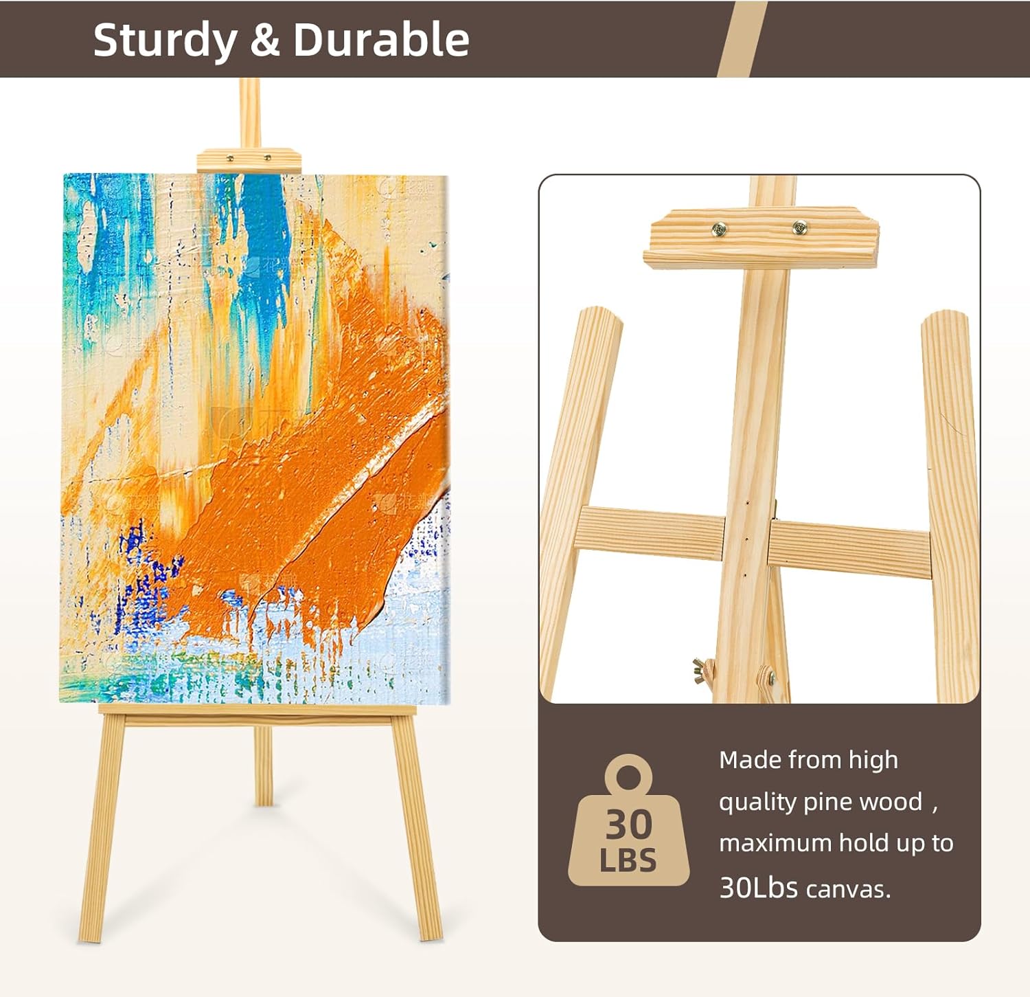 Wooden Easel for Painting & Display, 57"-76" Adjustable Height Beech Wood Easel Stand for Canvas, Sign, Hold Canvas up to 43", Foldable Floor Art Easel for Adults, Artists, Beginners - Natural